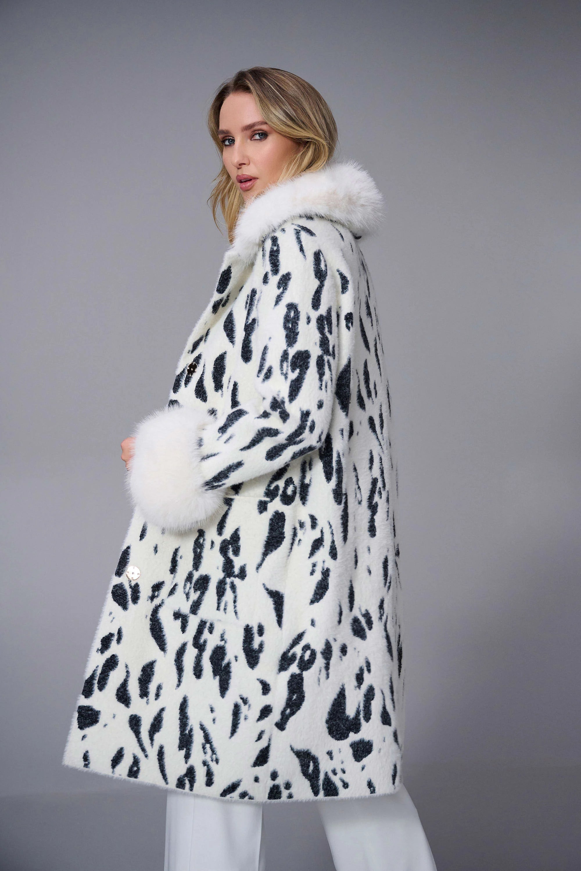 Joseph Ribkoff Feather Yarn Animal Jacquard Coat with Faux Fur Trim-253904