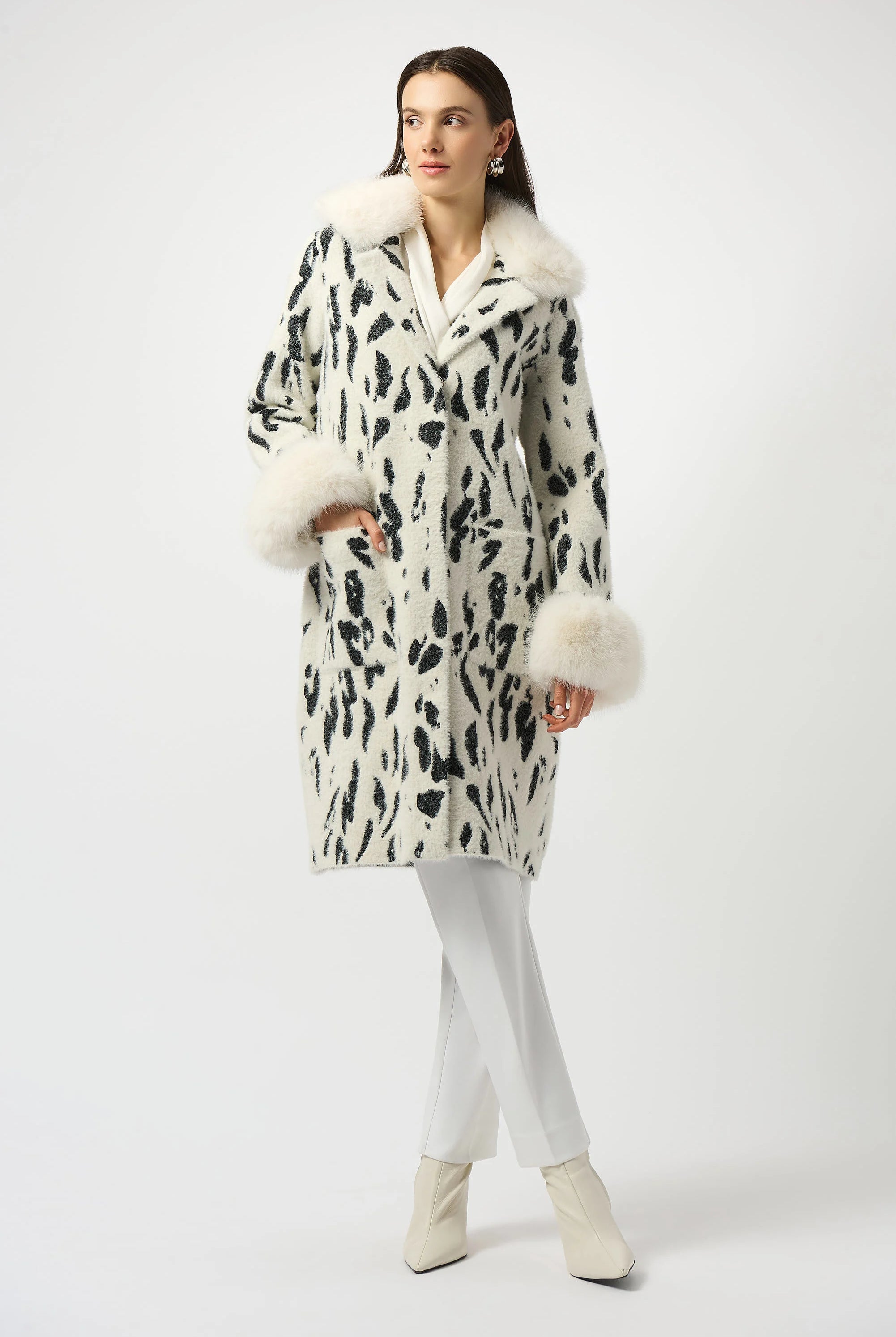 Joseph Ribkoff Feather Yarn Animal Jacquard Coat with Faux Fur Trim | Unique Apparel USA