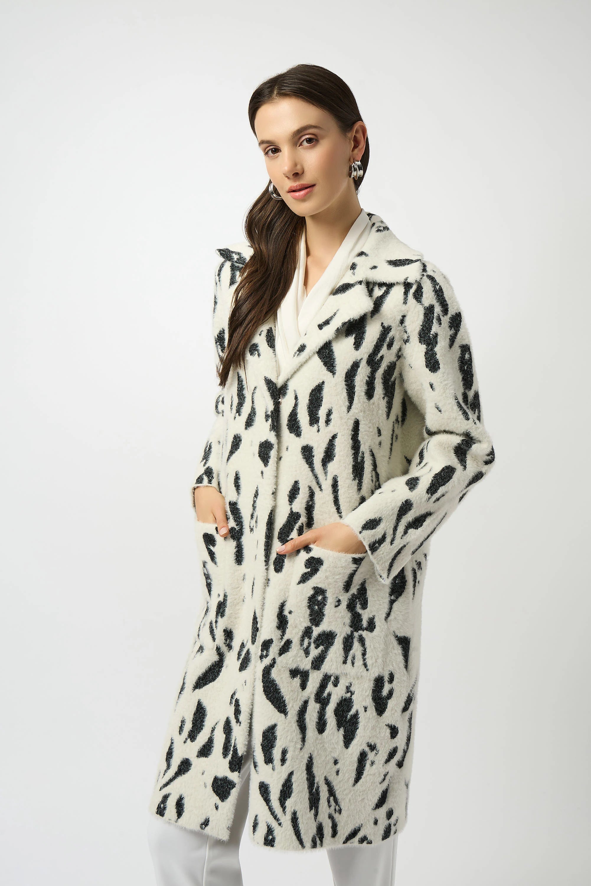 Joseph Ribkoff Feather Yarn Animal Jacquard Coat with Faux Fur Trim-253904
