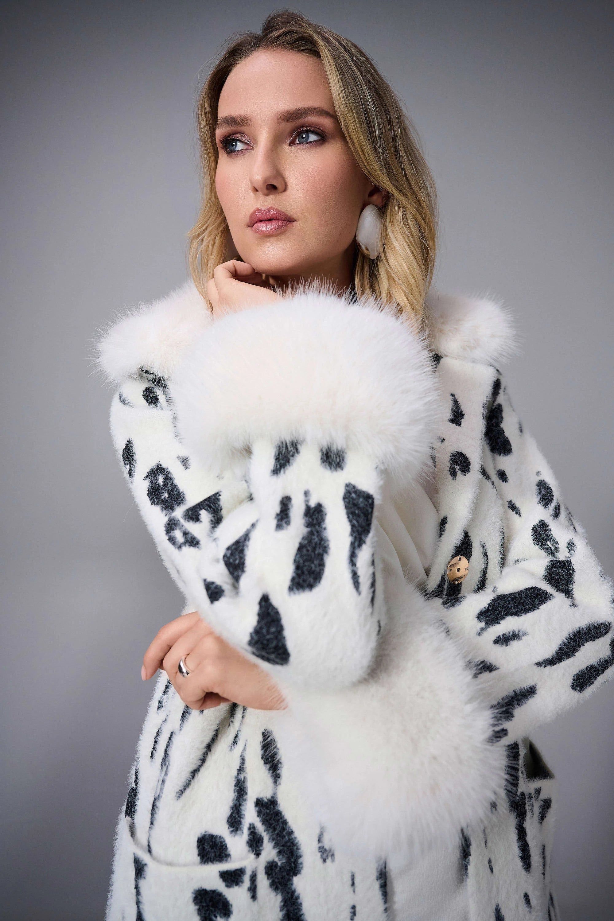 Joseph Ribkoff Feather Yarn Animal Jacquard Coat with Faux Fur Trim-253904