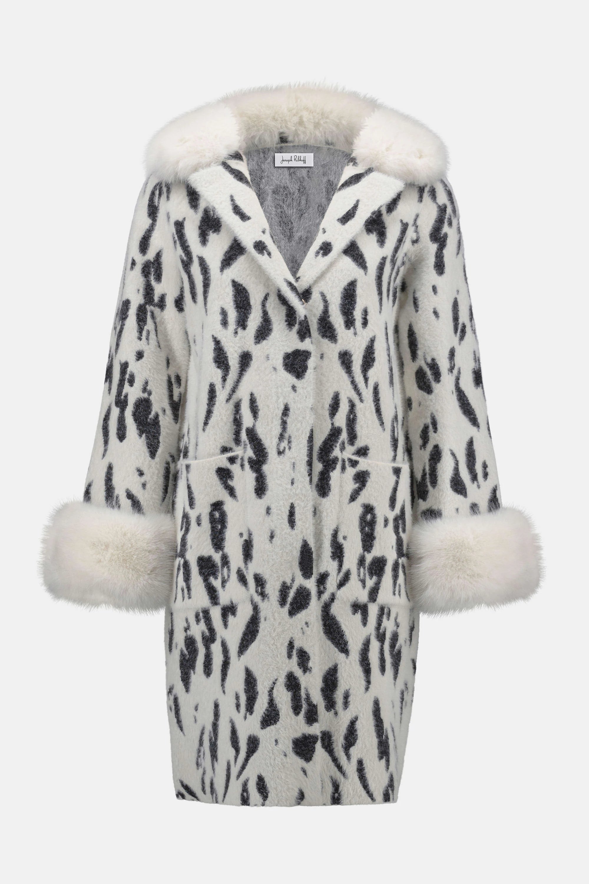 Joseph Ribkoff Feather Yarn Animal Jacquard Coat with Faux Fur Trim-253904