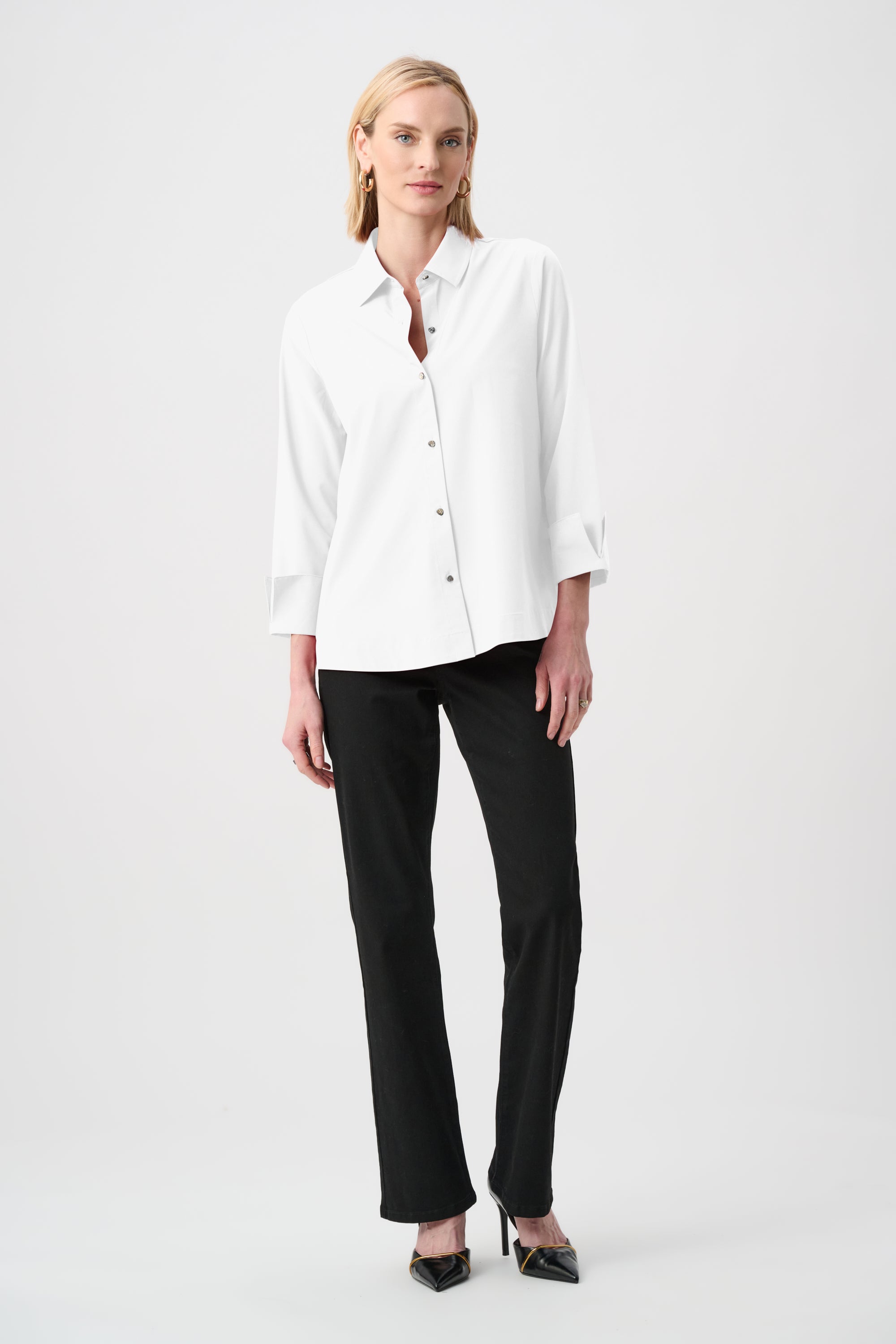 Stretch Poplin Button-Front Blouse with Zipper Accent