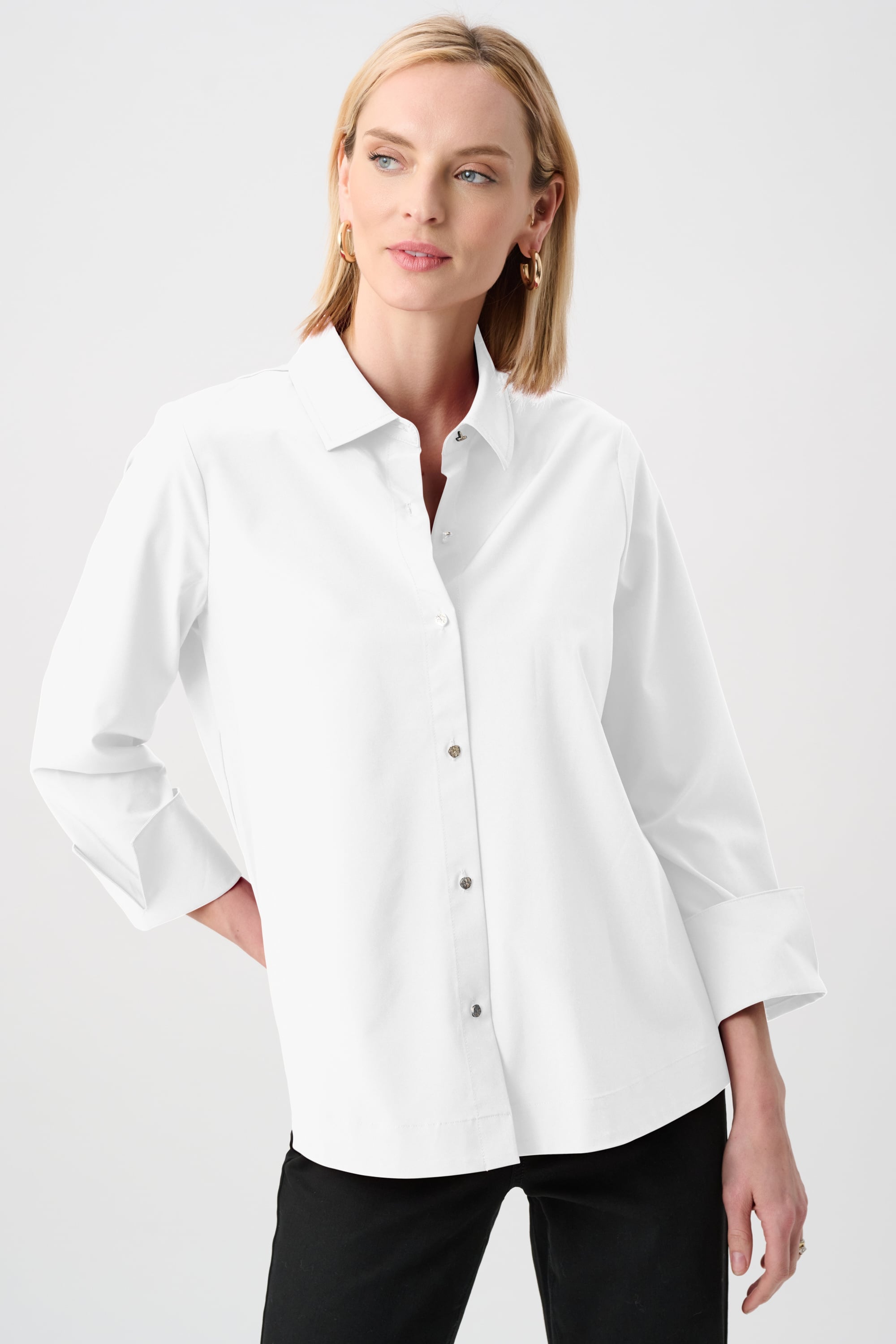Stretch Poplin Button-Front Blouse with Zipper Accent