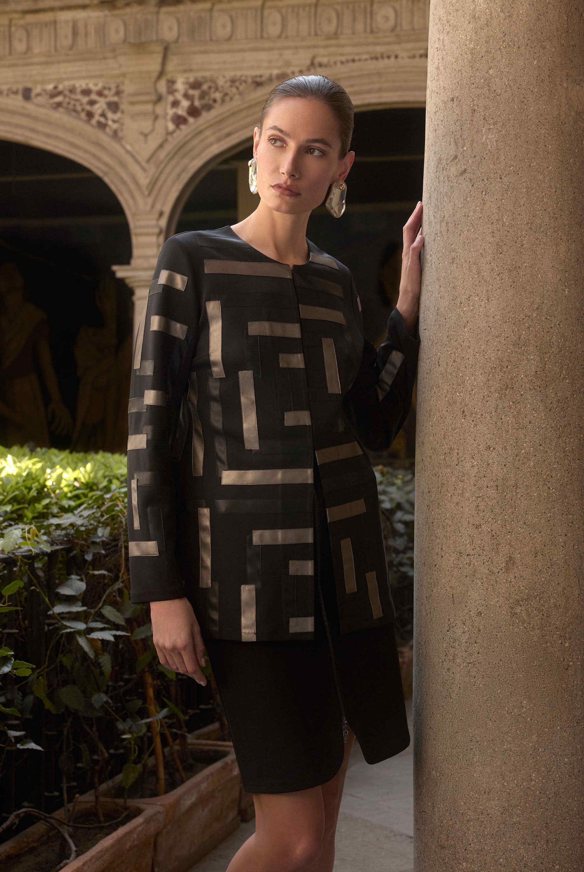 Joseph Ribkoff Scuba & Leatherette Collarless Jacket | Unique Apparel USA