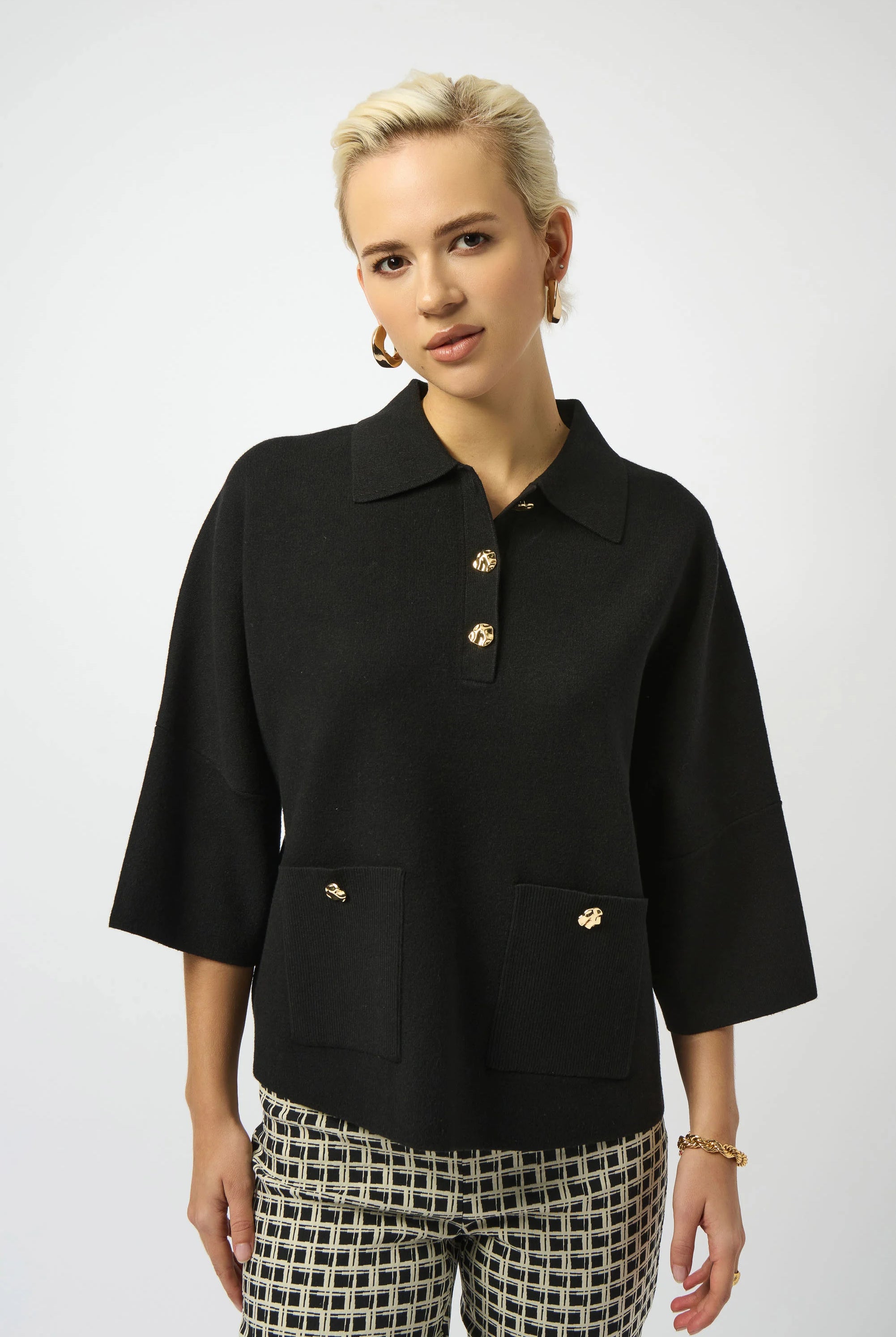 Joseph Ribkoff Sweater Knit Boxy Pullover With Polo Collar | Unique Apparel USA