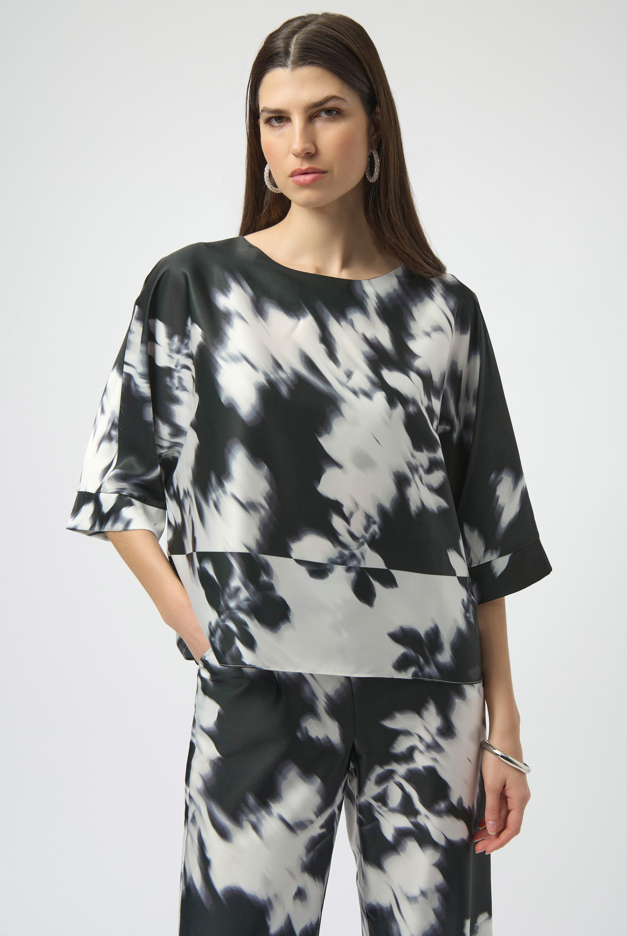 Joseph Ribkoff Satin Floral Print Boxy Top | Unique Apparel USA