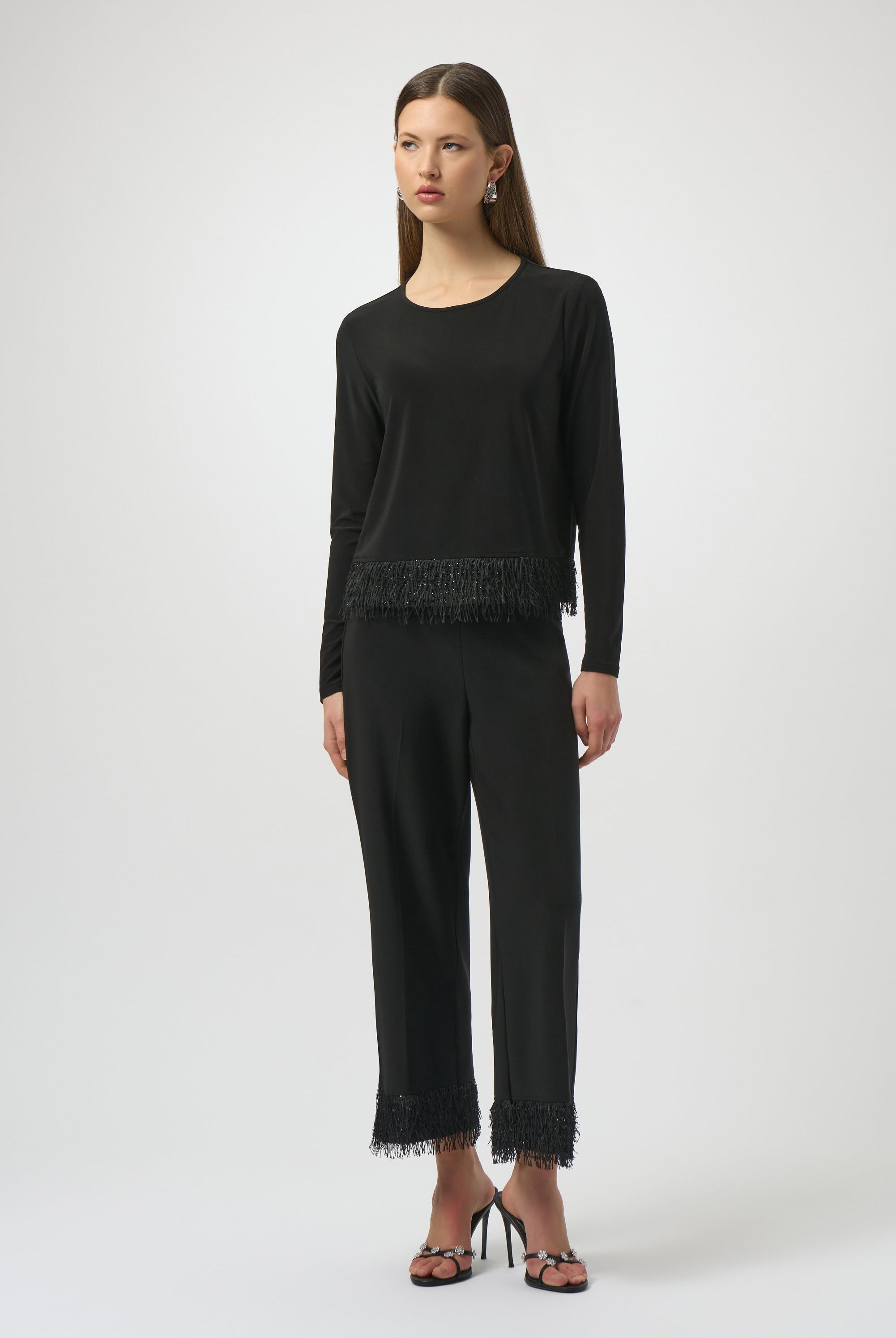 Joseph Ribkoff Silky Top with Novelty Fringe Hem | Unique Apparel USA