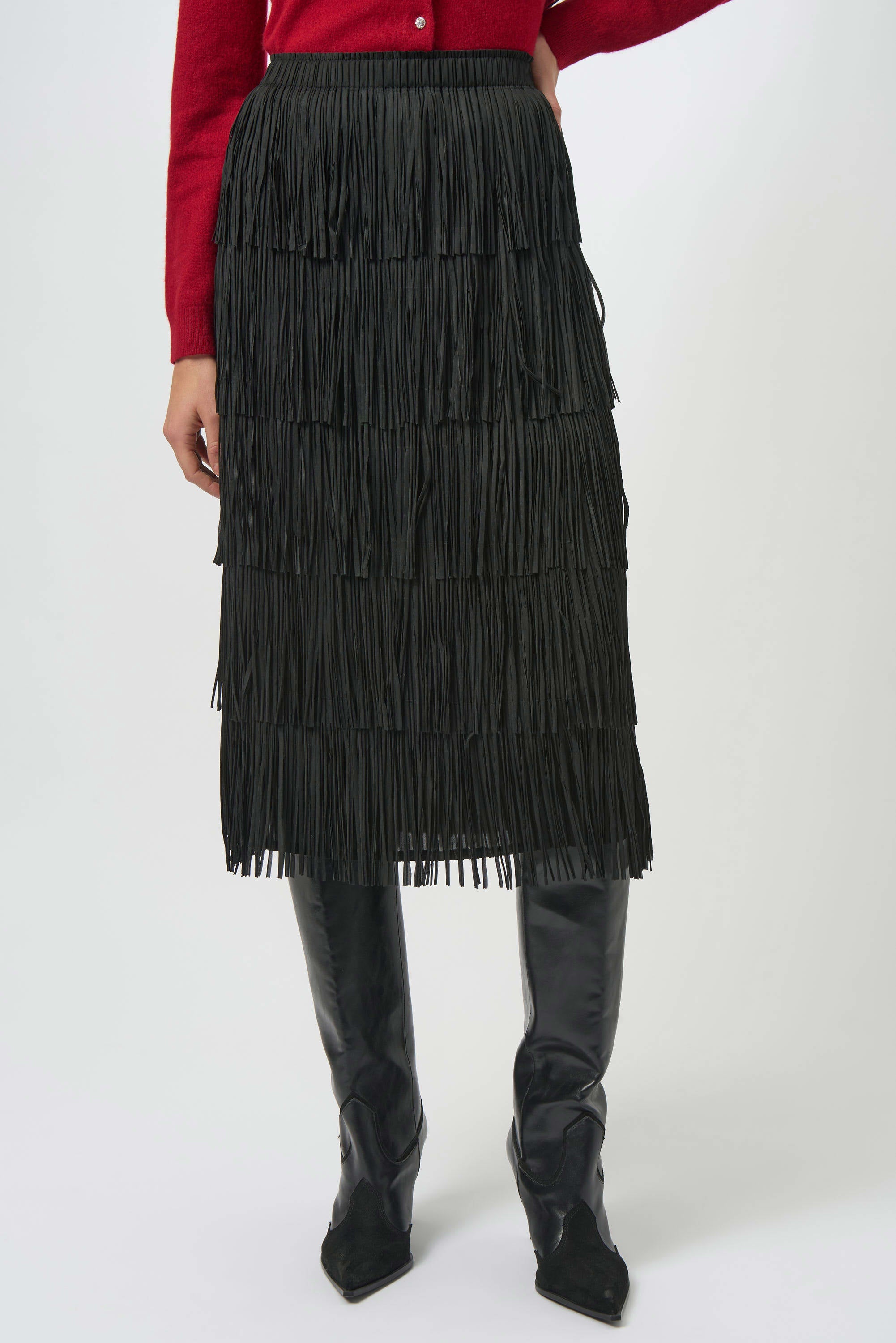 Joseph Ribkoff Pleated Pencil Skirt with Tiered Fringes-254901