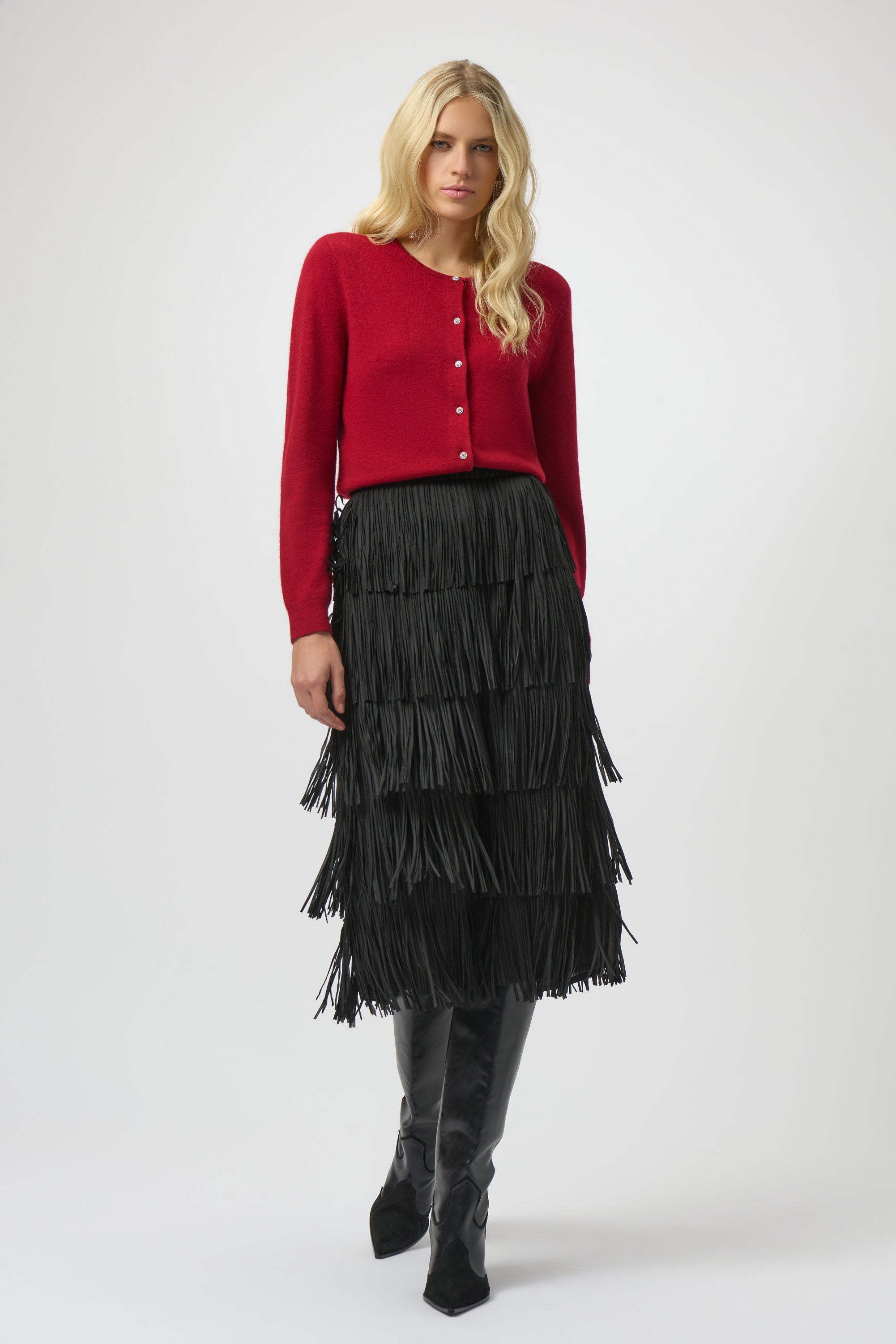 Joseph Ribkoff Pleated Pencil Skirt with Tiered Fringes-254901