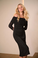 Joseph Ribkoff Rhinestone Mesh Off-Shoulder Midi Dress-254913