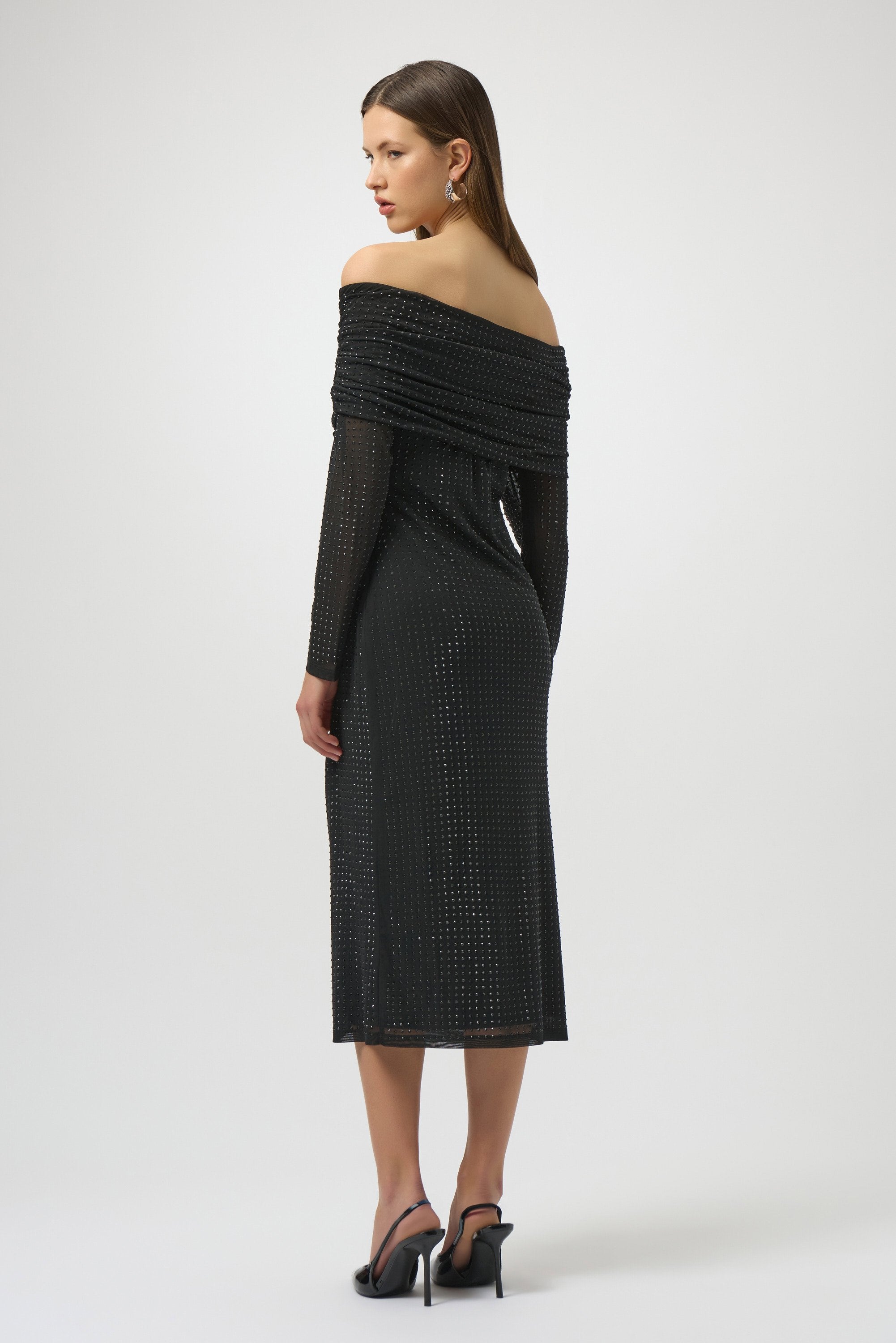 Joseph Ribkoff Rhinestone Mesh Off-Shoulder Midi Dress-254913