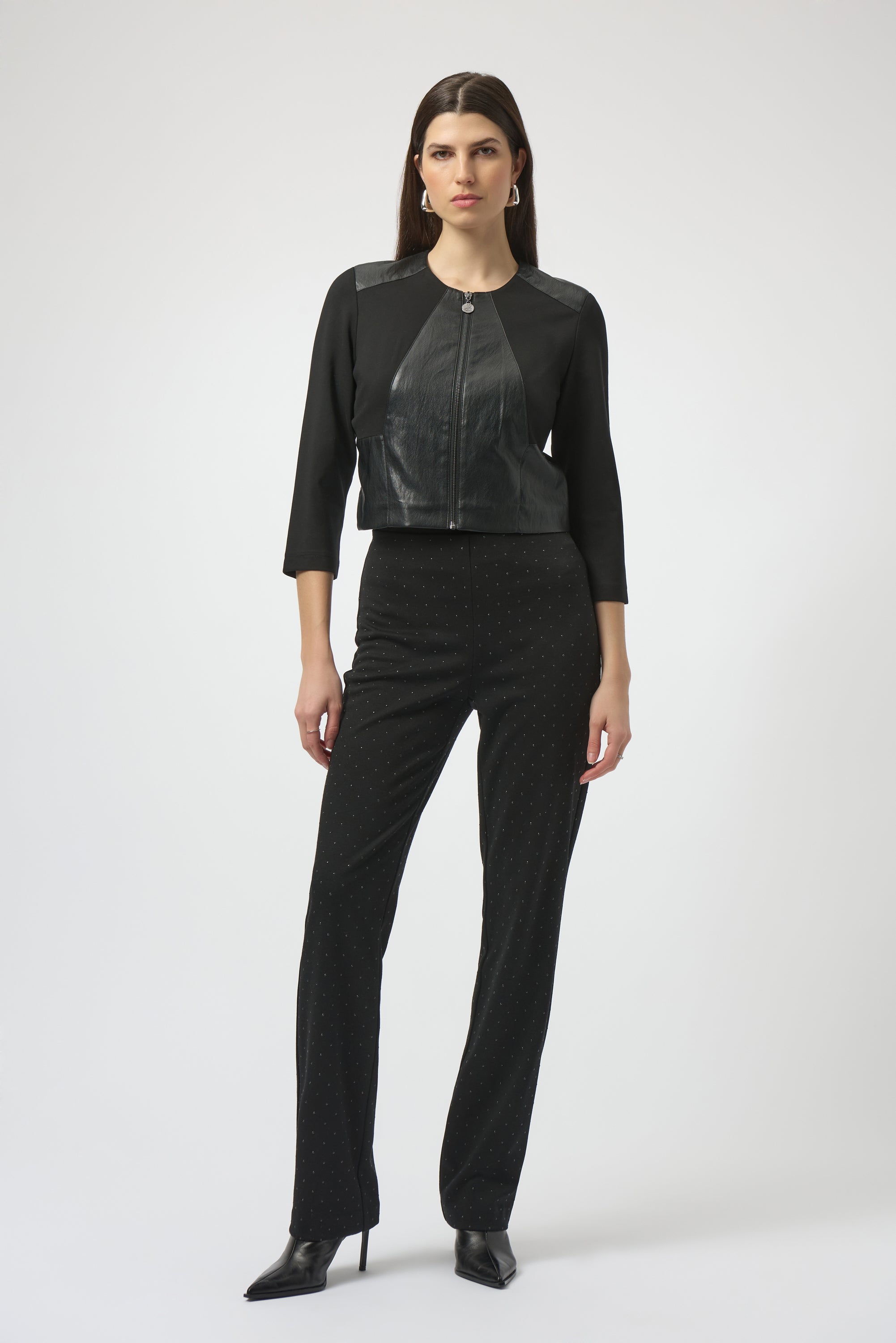 Joseph Ribkoff Heavy Knit and Leatherette Fitted Jacket-254928