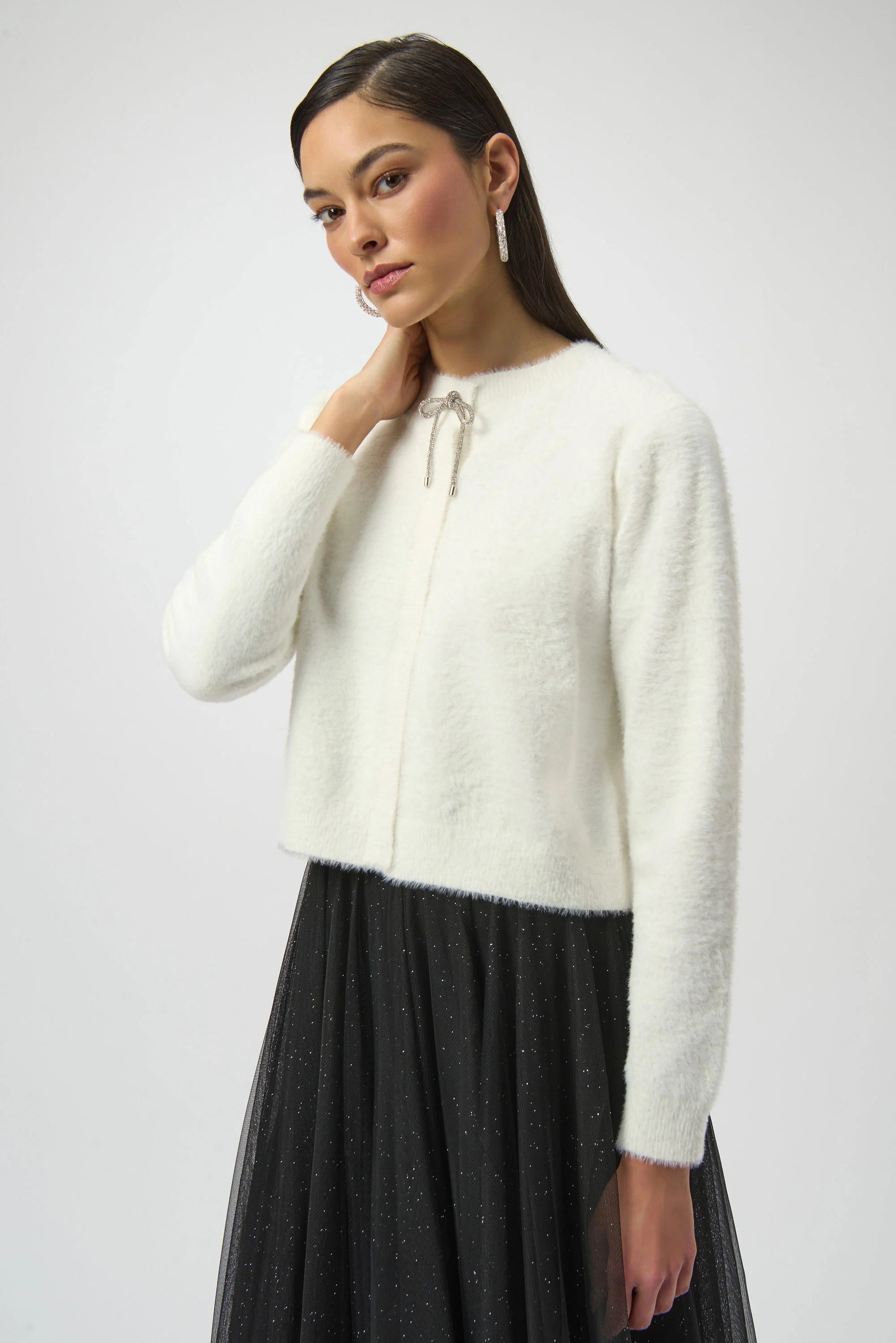 Joseph Ribkoff Feather Yarn Cardigan with Rhinestone Bow-254955
