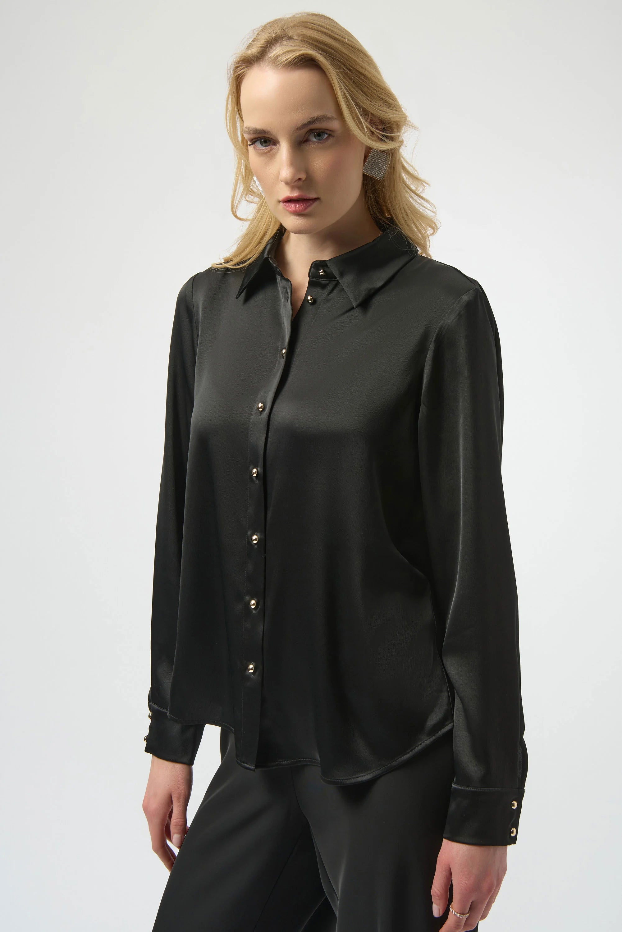 Joseph Ribkoff Satin Blouse with Back Cowl Neck and Rhinestone Detail-254967