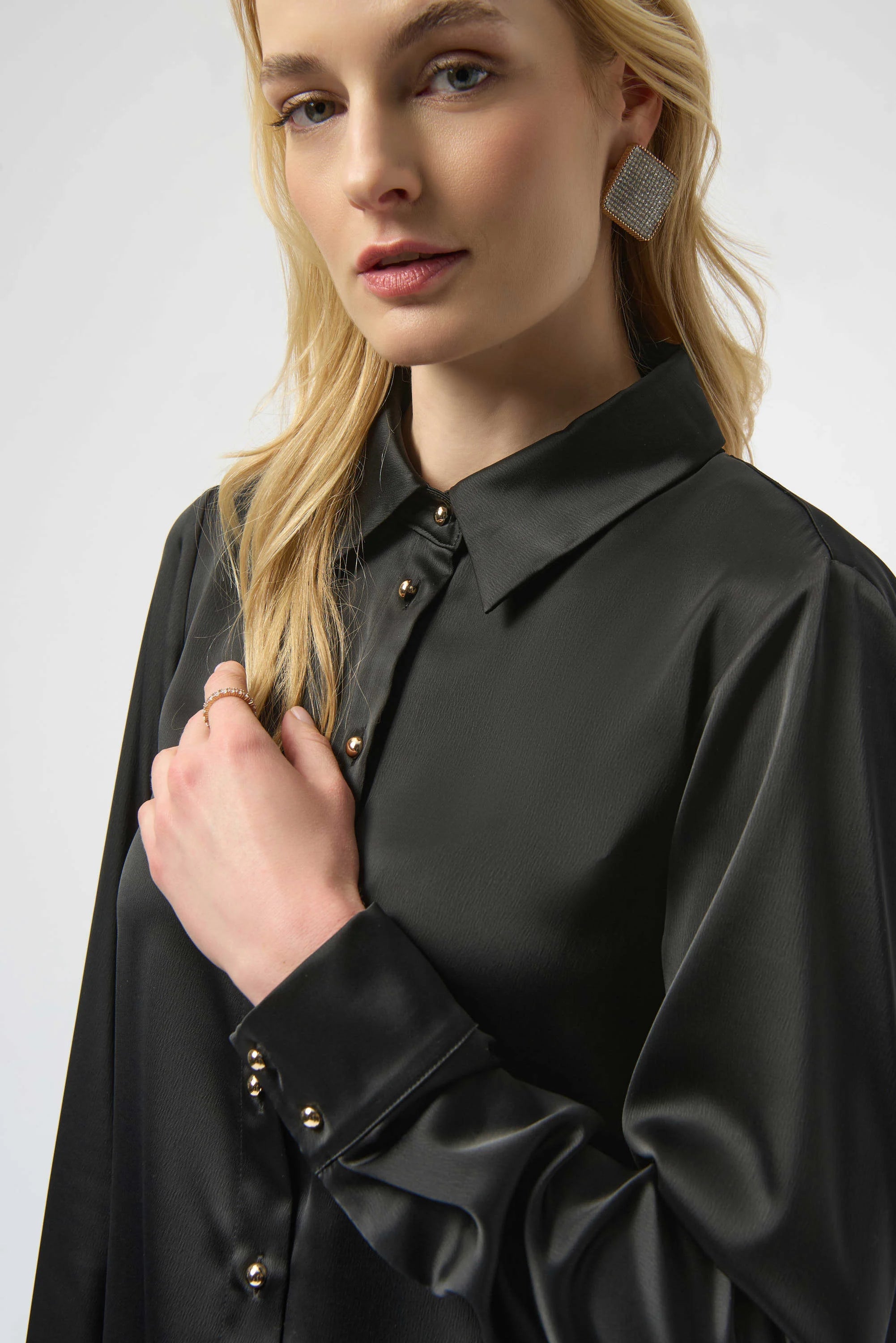 Joseph Ribkoff Satin Blouse with Back Cowl Neck and Rhinestone Detail-254967