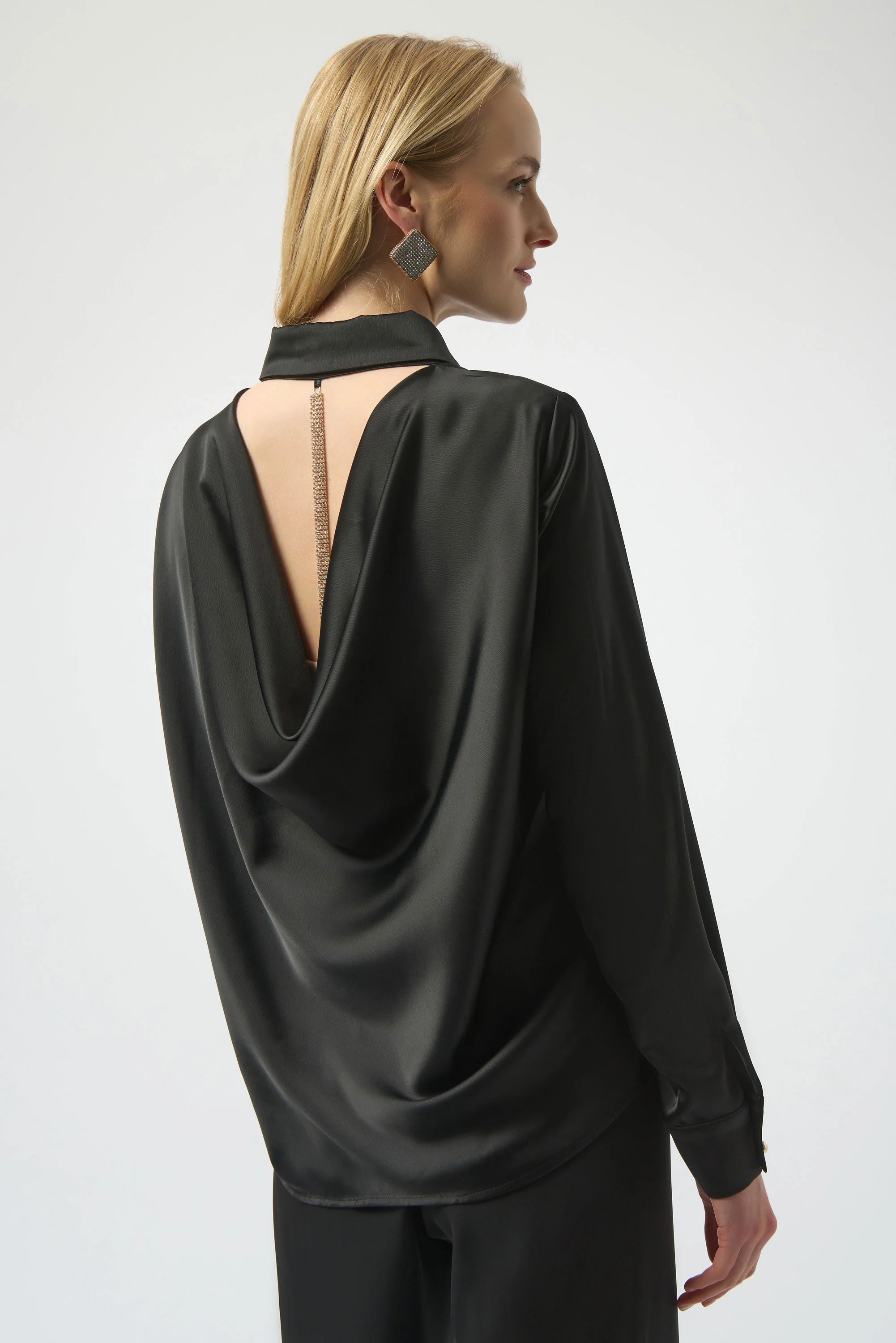 Joseph Ribkoff Satin Blouse with Back Cowl Neck and Rhinestone Detail-254967