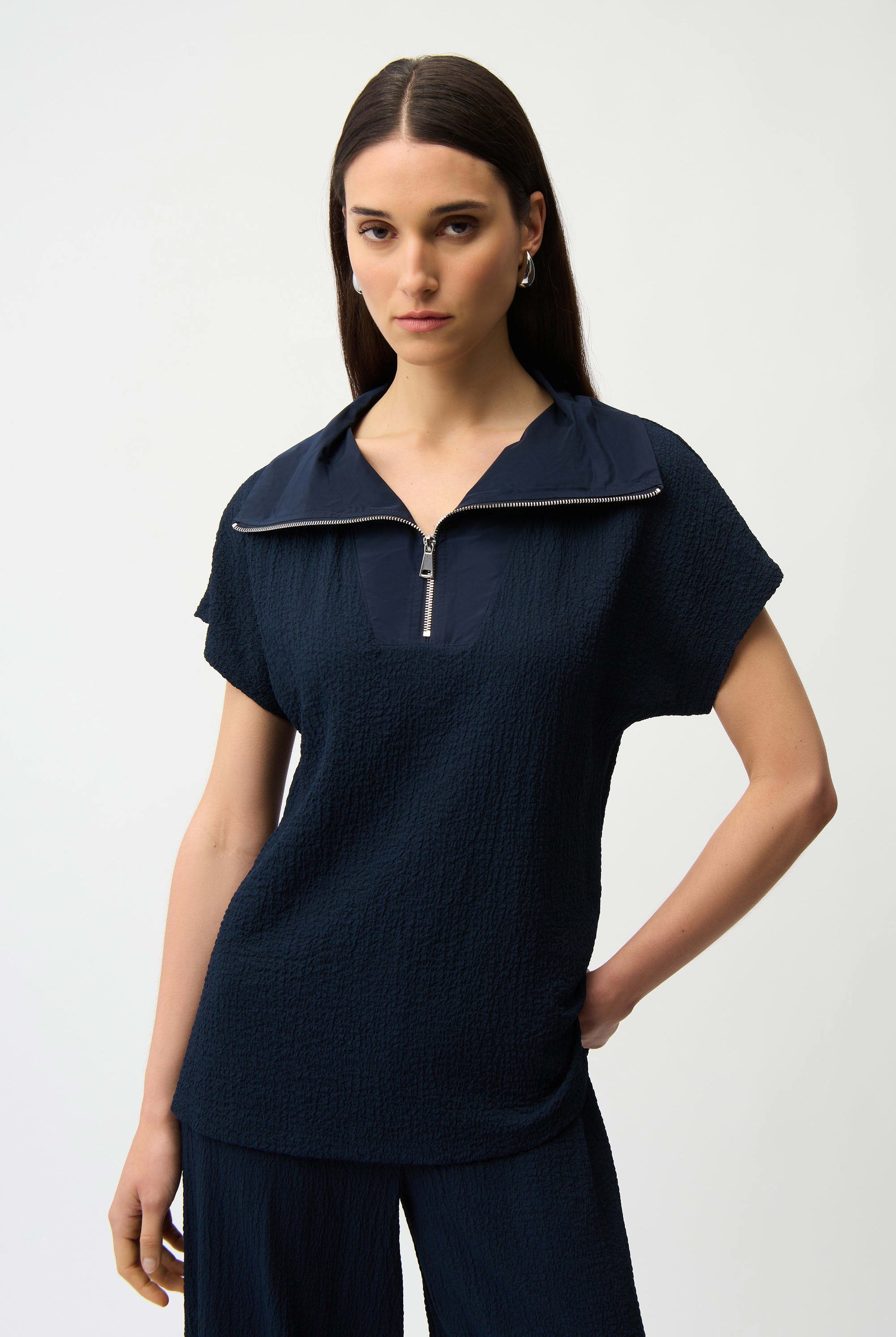 Joseph Ribkoff Seersucker Boxy Top With Memory Collar | Unique Apparel USA