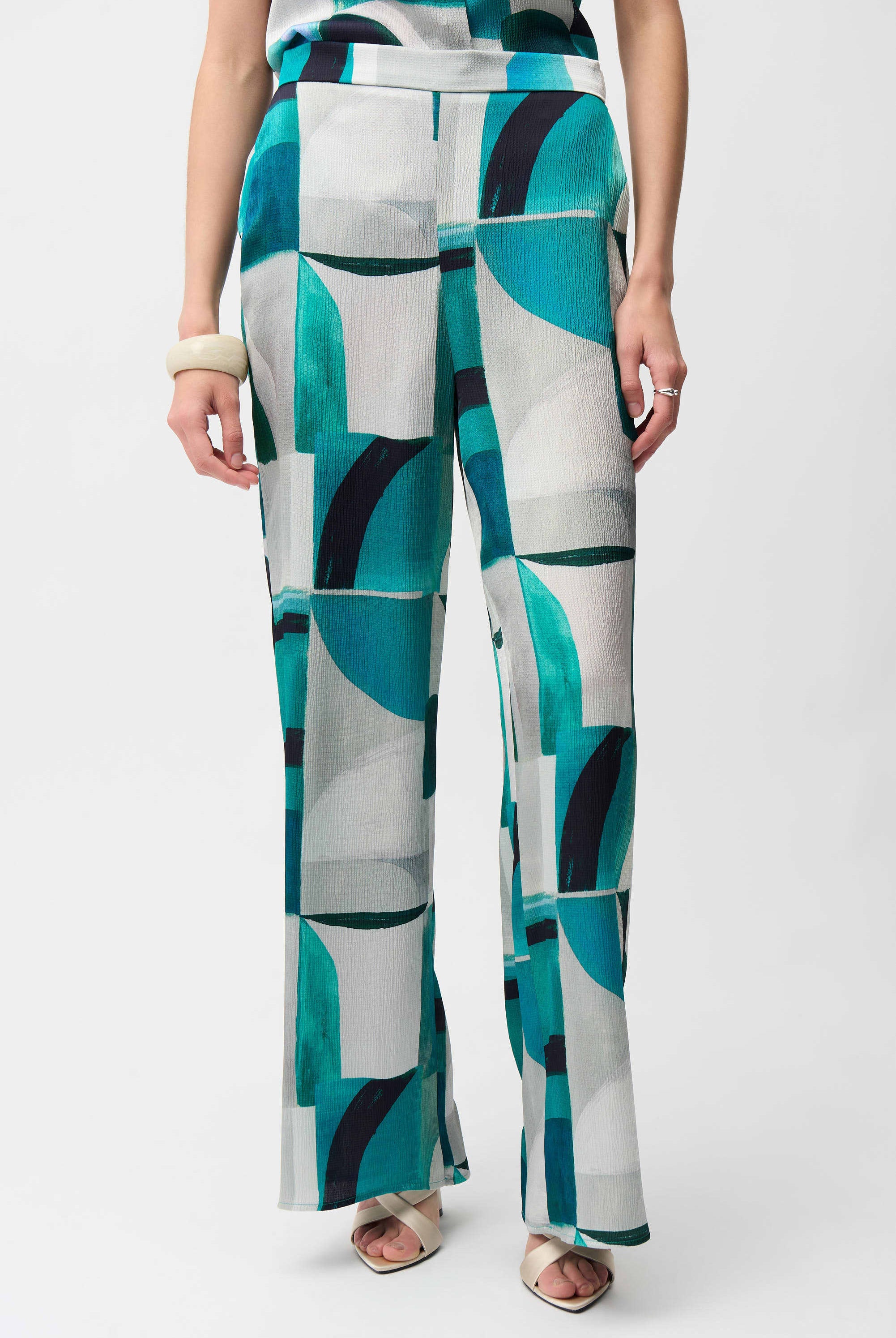 Joseph Ribkoff Textured Satin Geometric Print Wide Leg Pull-On Pants | Unique Apparel USA