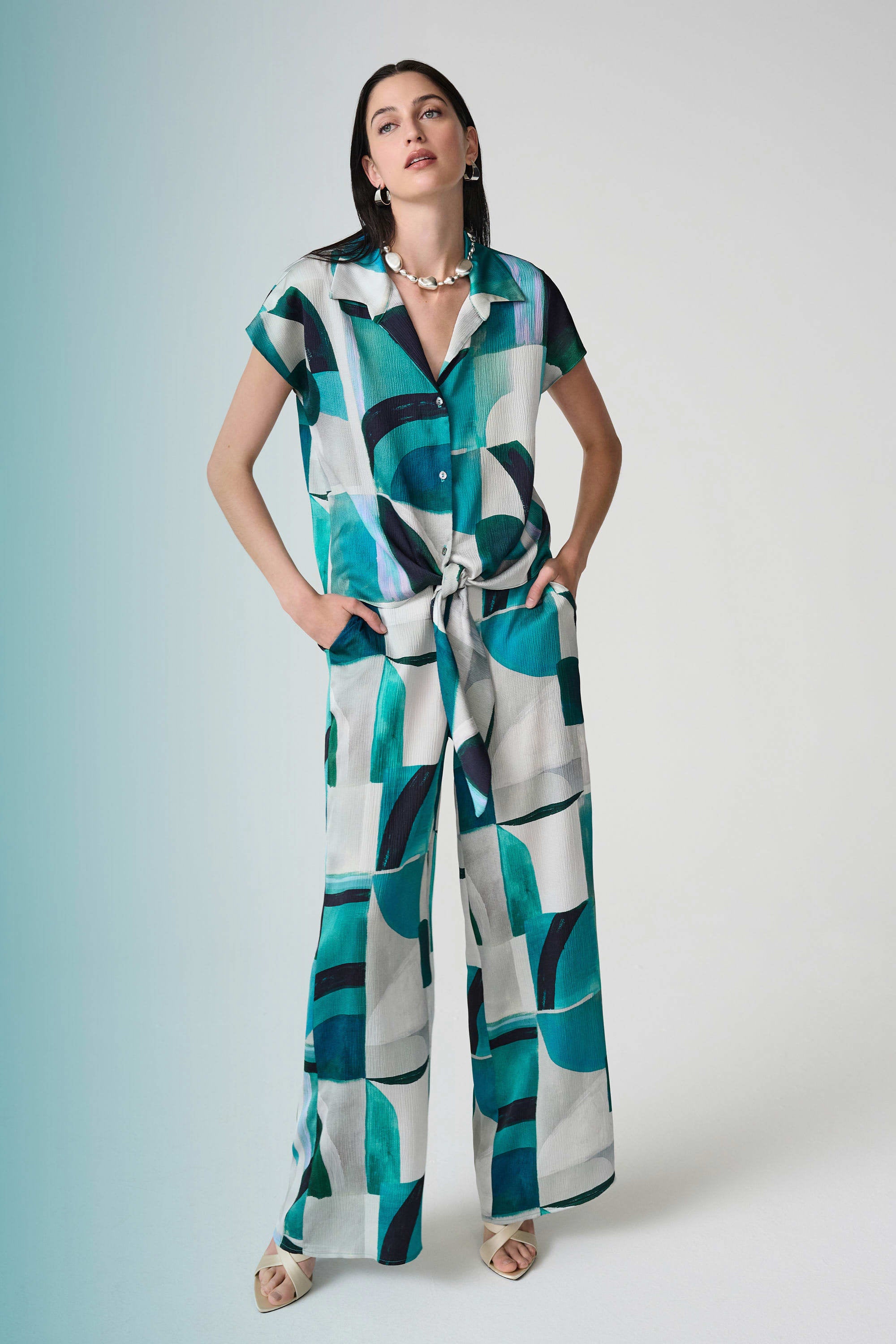 Joseph Ribkoff Textured Satin Geometric Print Wide Leg Pull-On Pants-261042