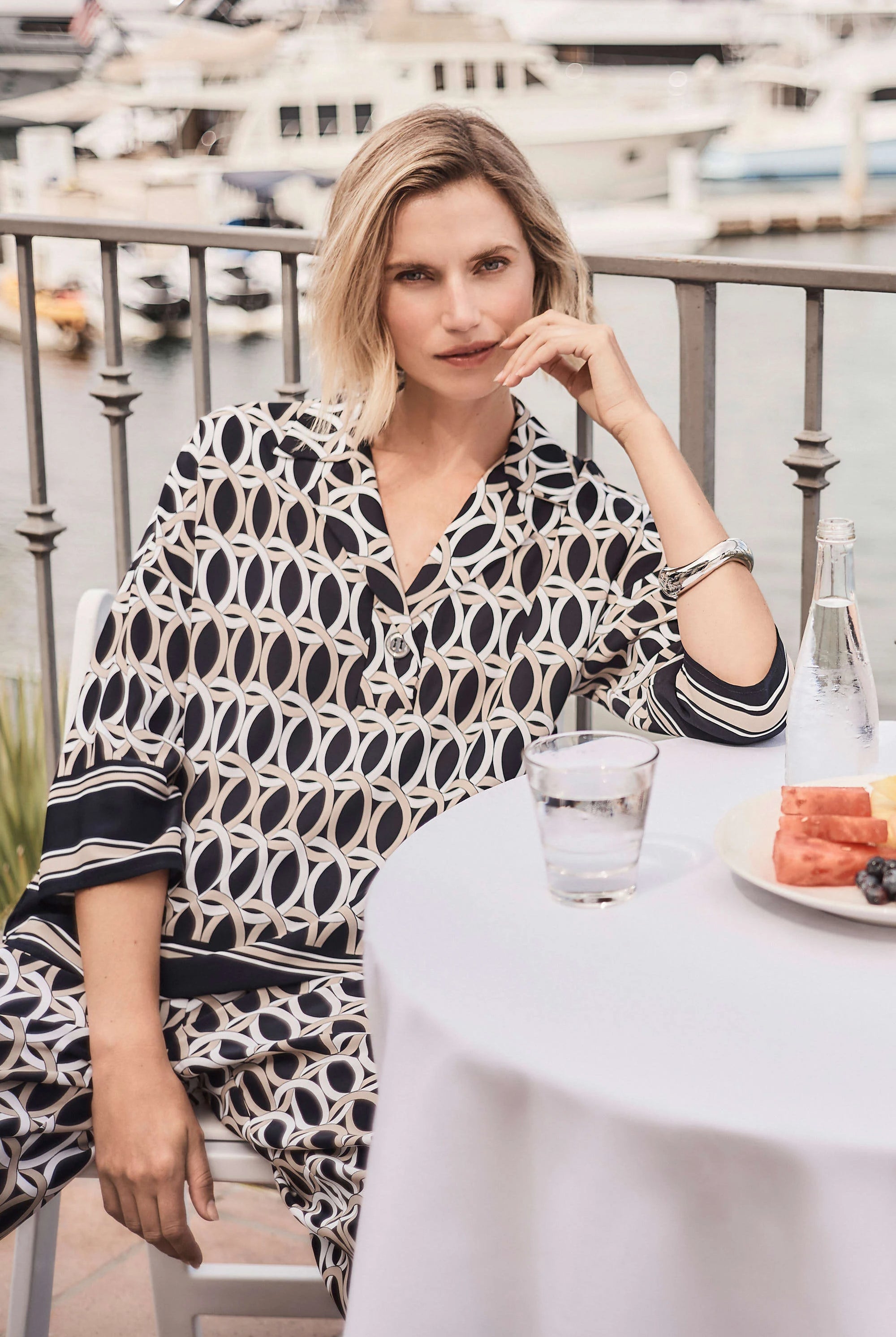 Joseph Ribkoff Recycled Woven Geometric Print Boxy Top With Shirt Collar | Unique Apparel USA
