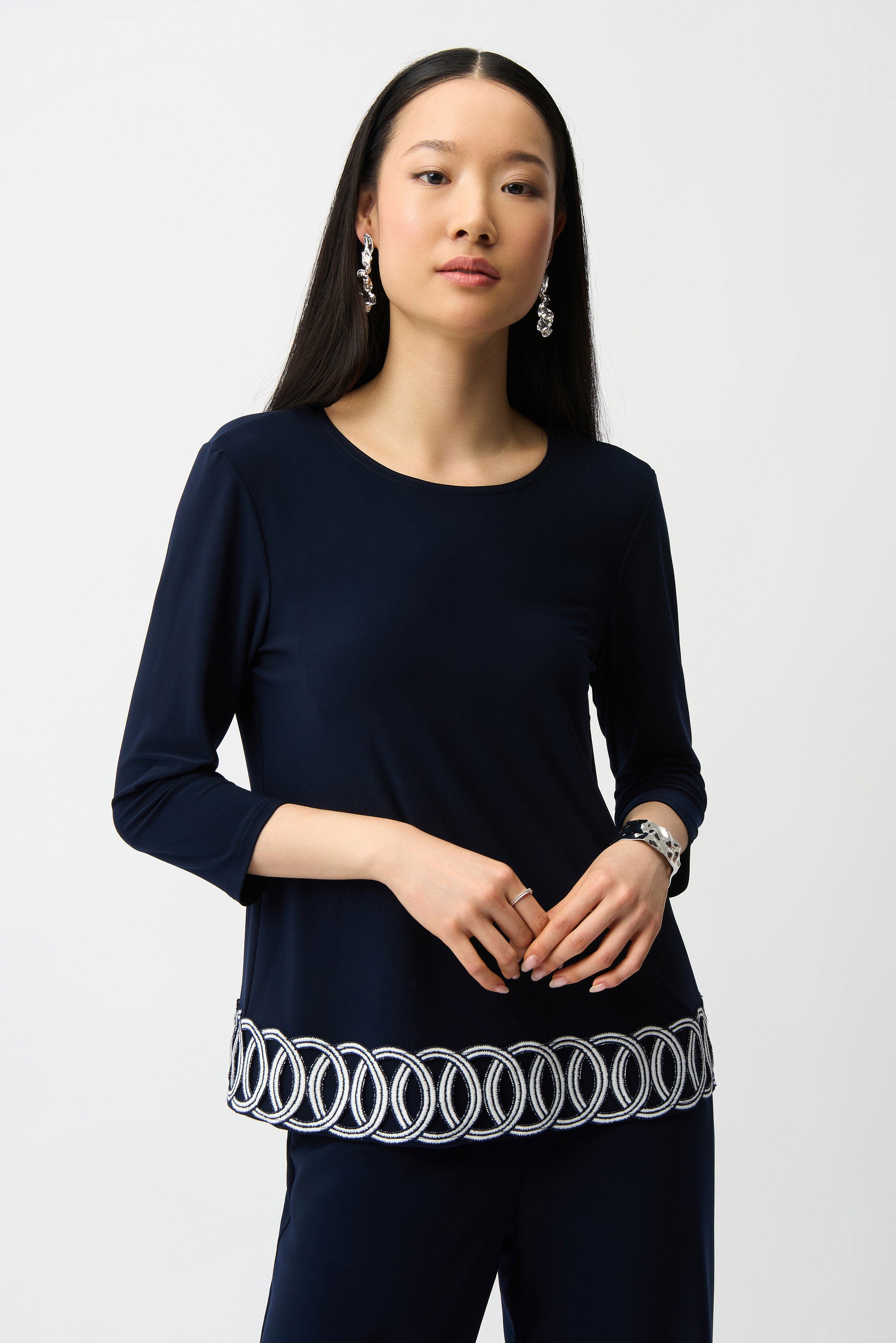 Joseph Ribkoff Silky Knit Fitted Top With Guipure Hem Detail-261069