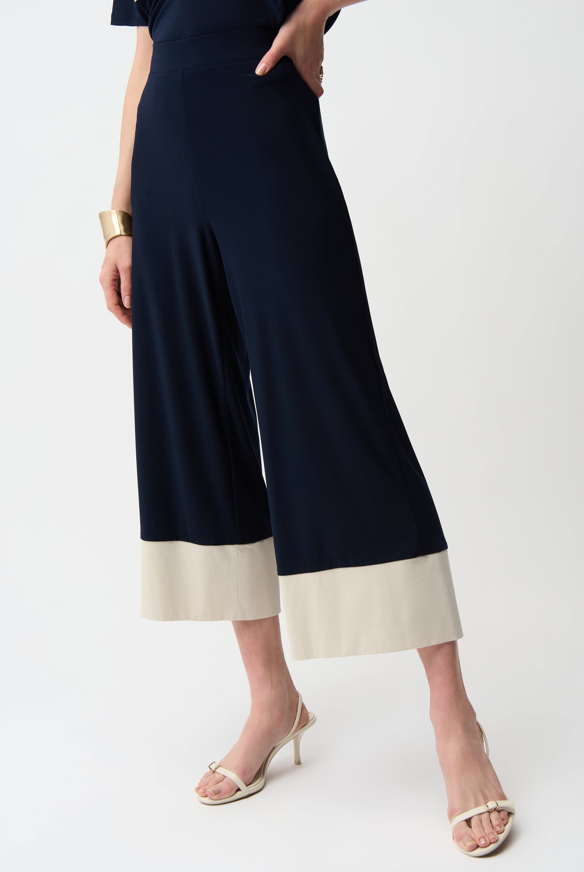 Silky Knit & Stretch Poplin Color Block Pull-On Culotte Pants