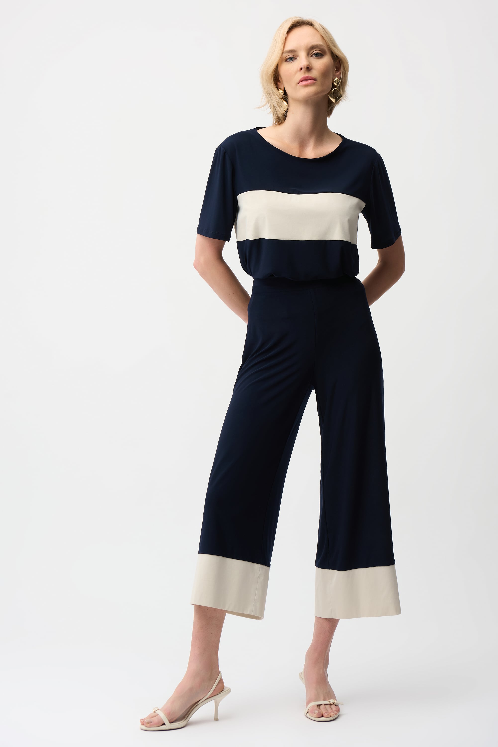 Silky Knit & Stretch Poplin Color Block Pull-On Culotte Pants