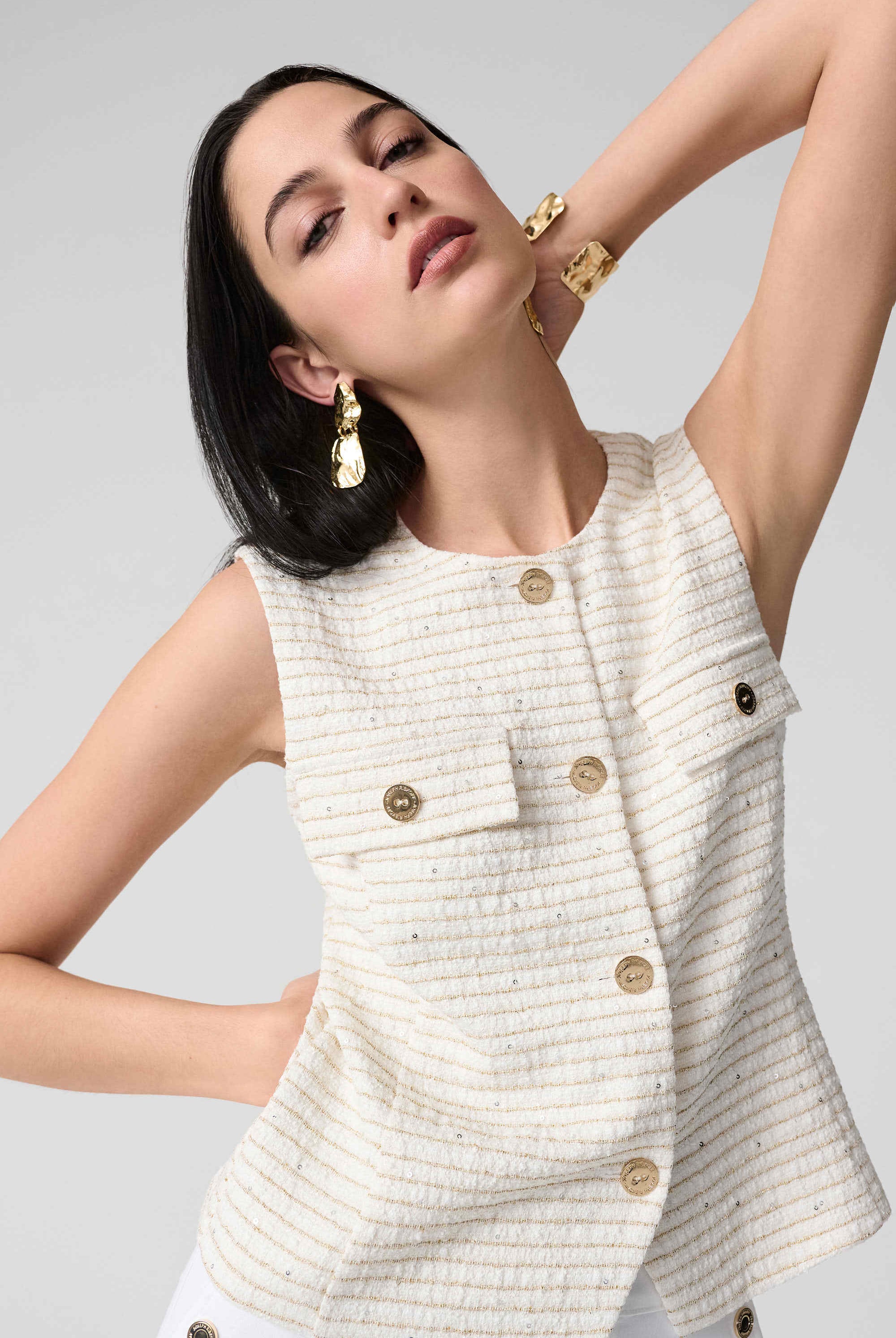 Joseph Ribkoff Bouclé Fitted Vest With Gold Buttons | Unique Apparel USA