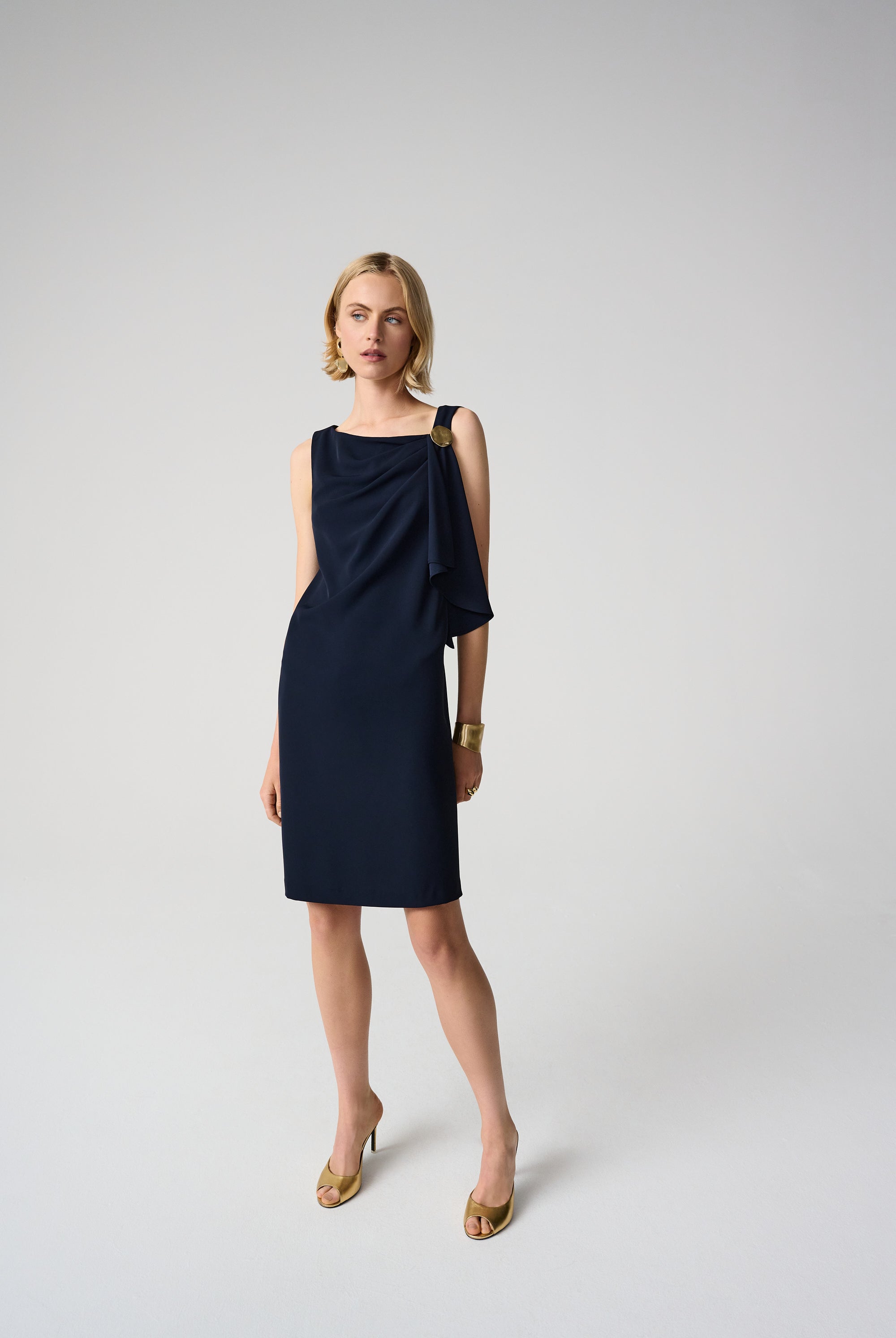 Woven Twill Shift Dress With Asymmetrical Neckline