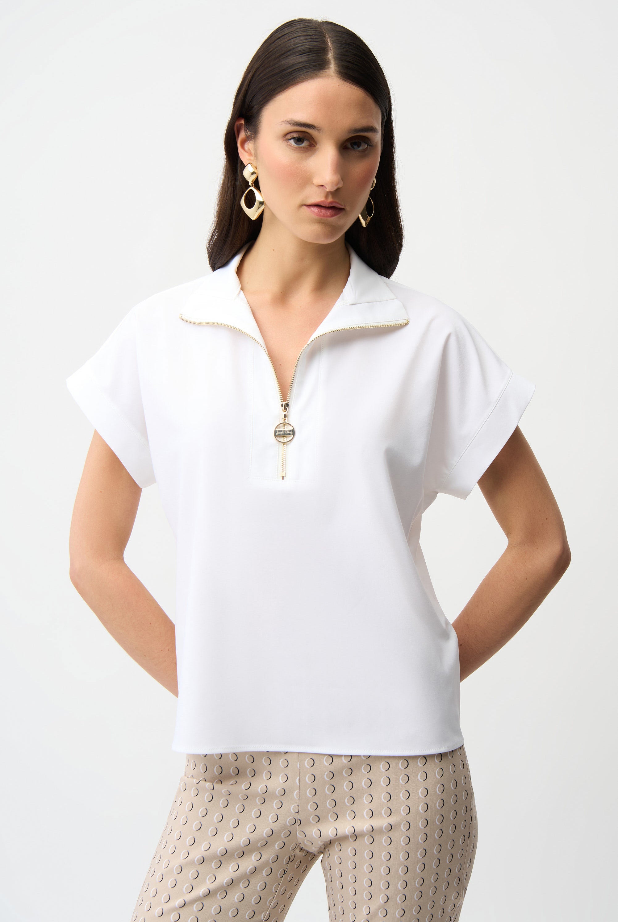 Joseph Ribkoff Stretch Poplin Straight Top With Zipped Neckline | Unique Apparel USA