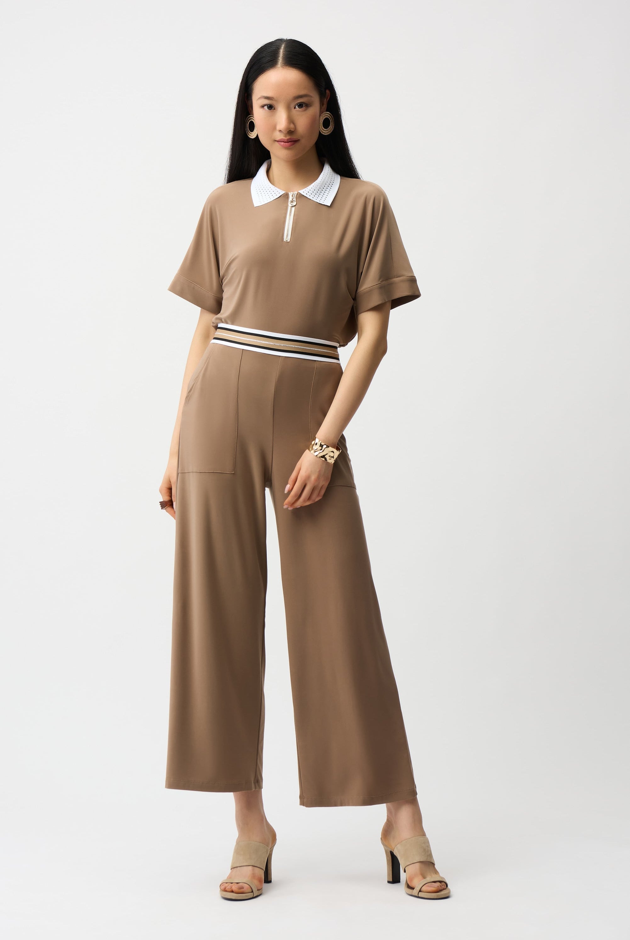 Silky Knit Wide Leg Pull-On Pants With Stripe Waistband