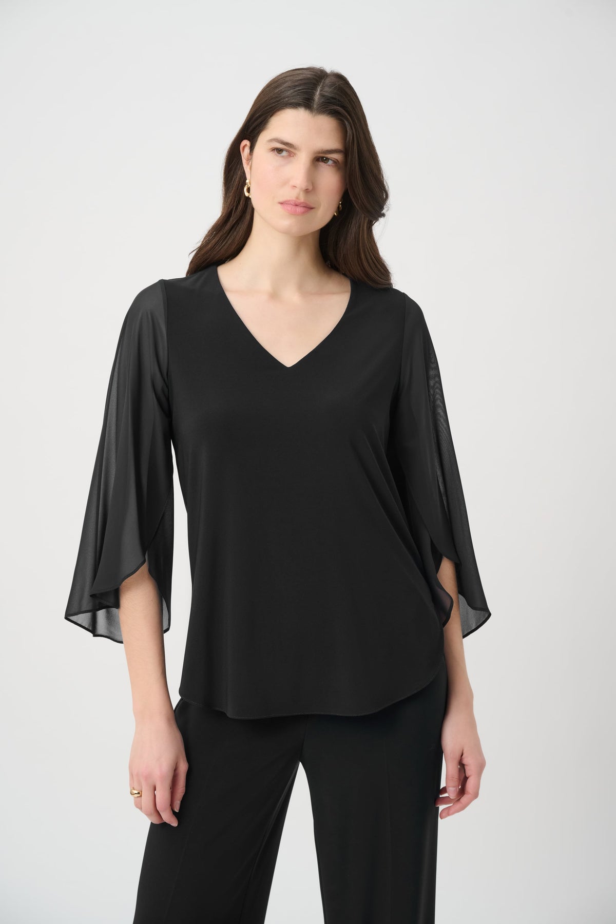 Joseph Ribkoff Silky Knit Straight Tunic With Chiffon Tulip Sleeves-261183, Black