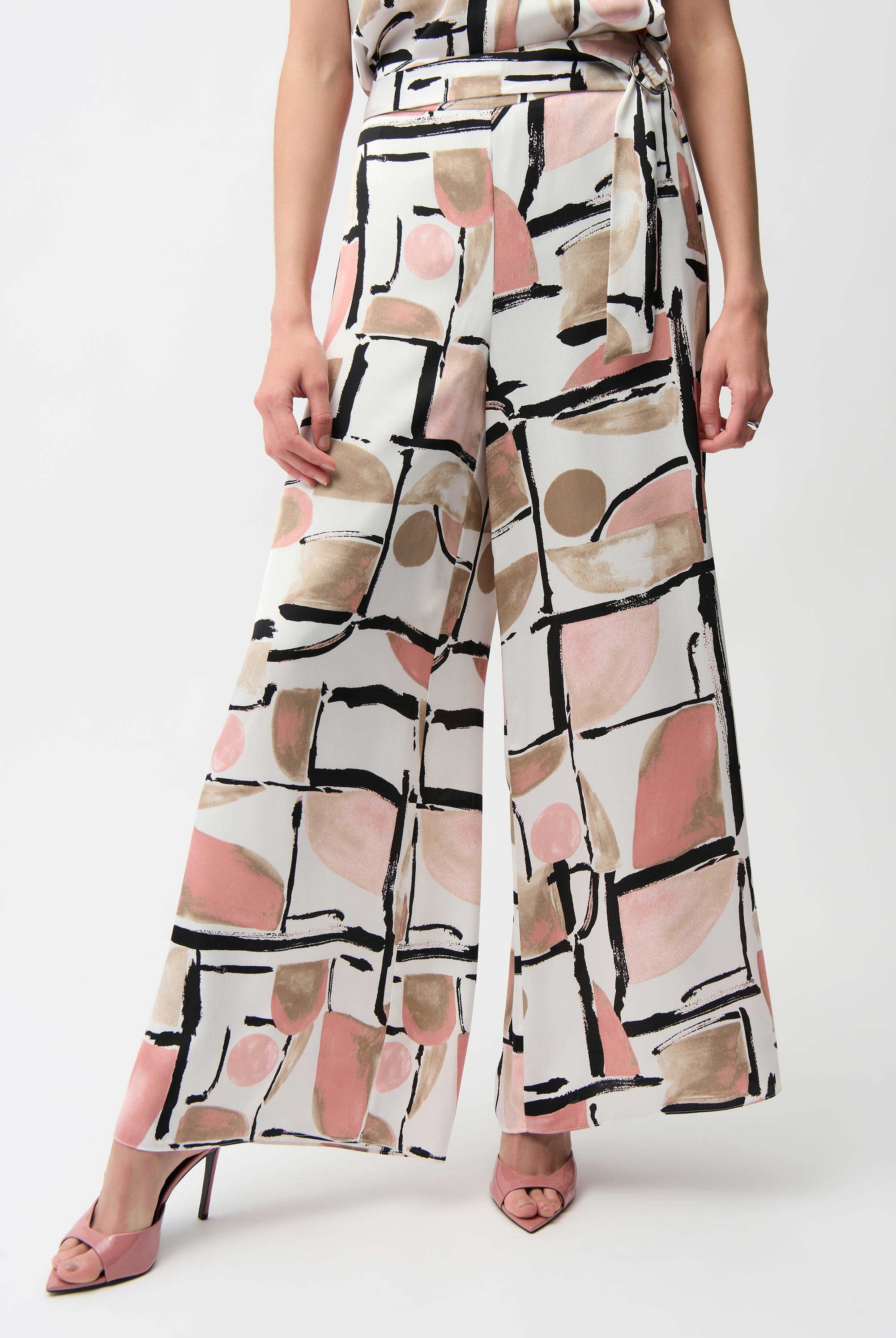 Joseph Ribkoff Satin Abstract Print Wide Leg Pull-On Pants 261198 | Unique Apparel USA