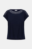 Joseph Ribkoff Silky Knit Straight Top with Guipure Lace Neckline - Style 261200