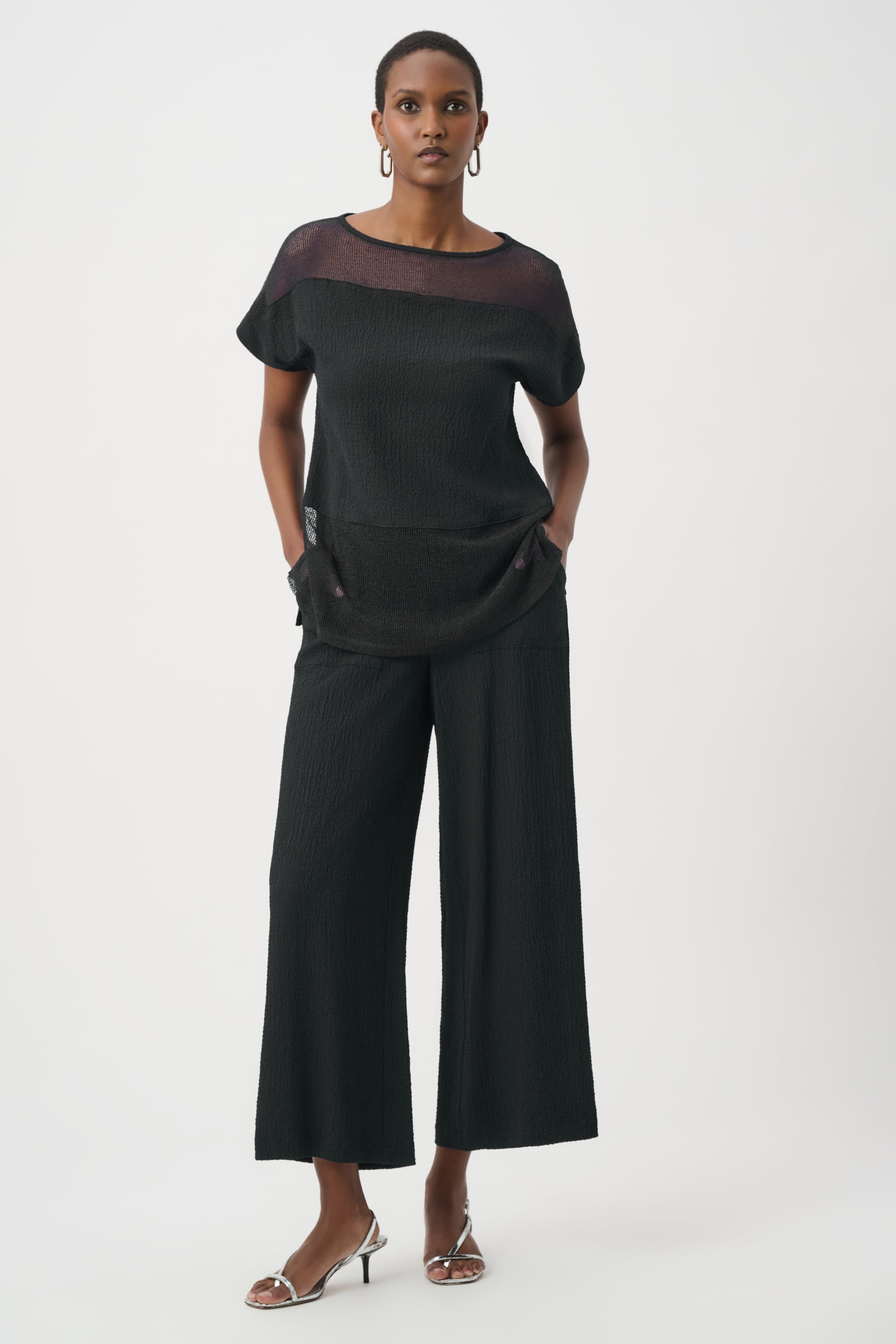 Seersucker and Mesh Boxy Top With Boat Neckline