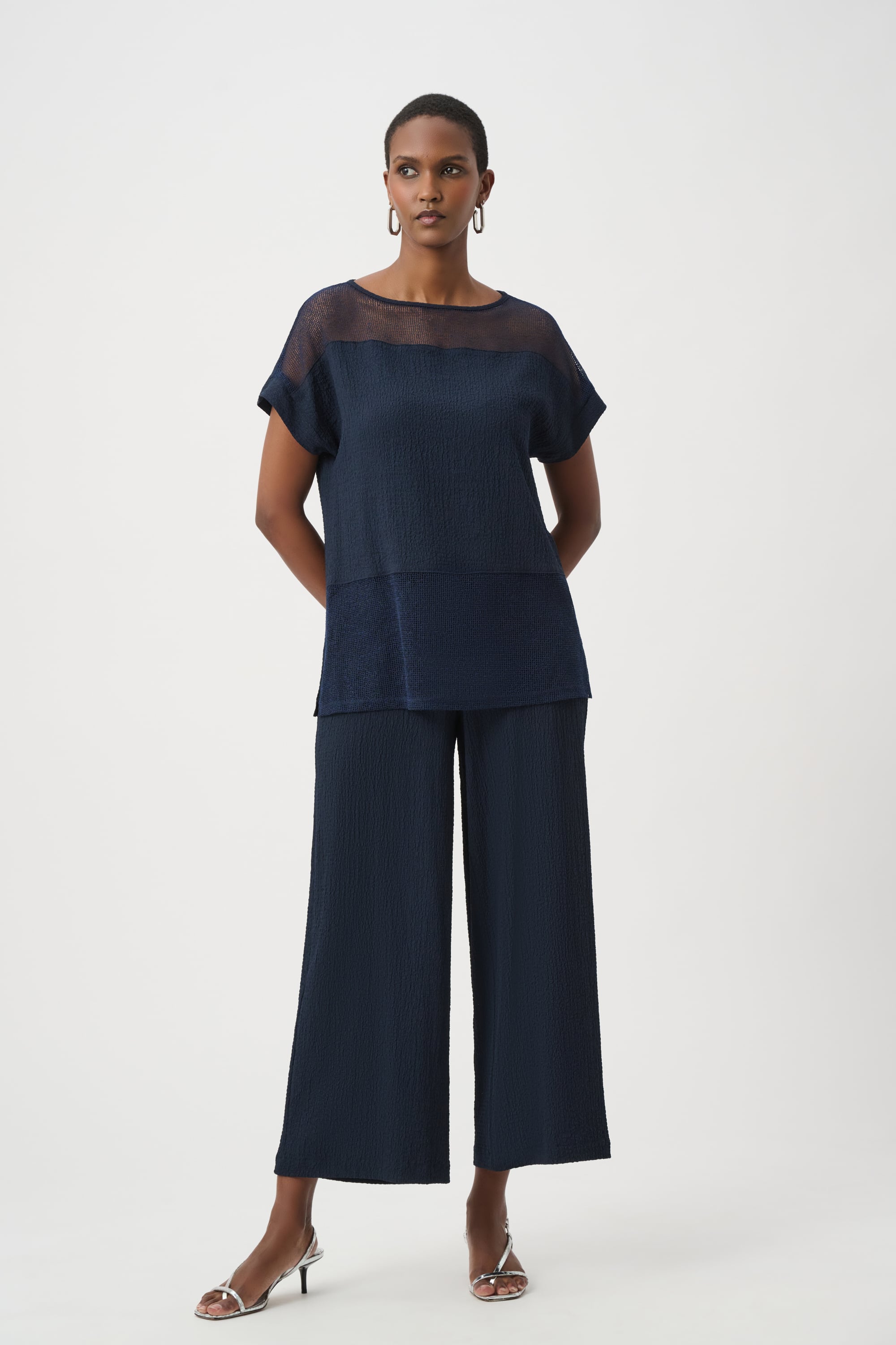 Seersucker and Mesh Boxy Top With Boat Neckline