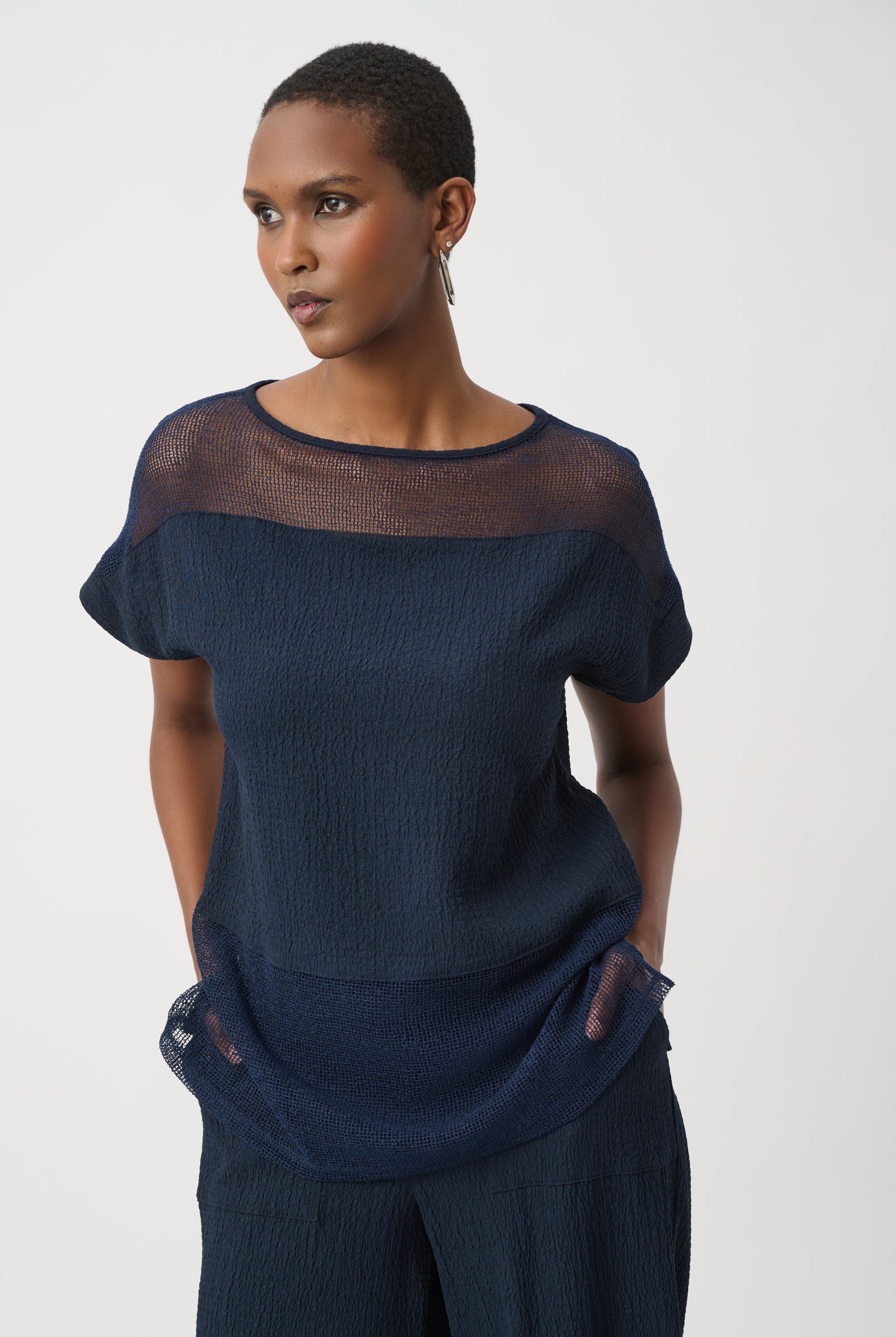 Seersucker and Mesh Boxy Top With Boat Neckline