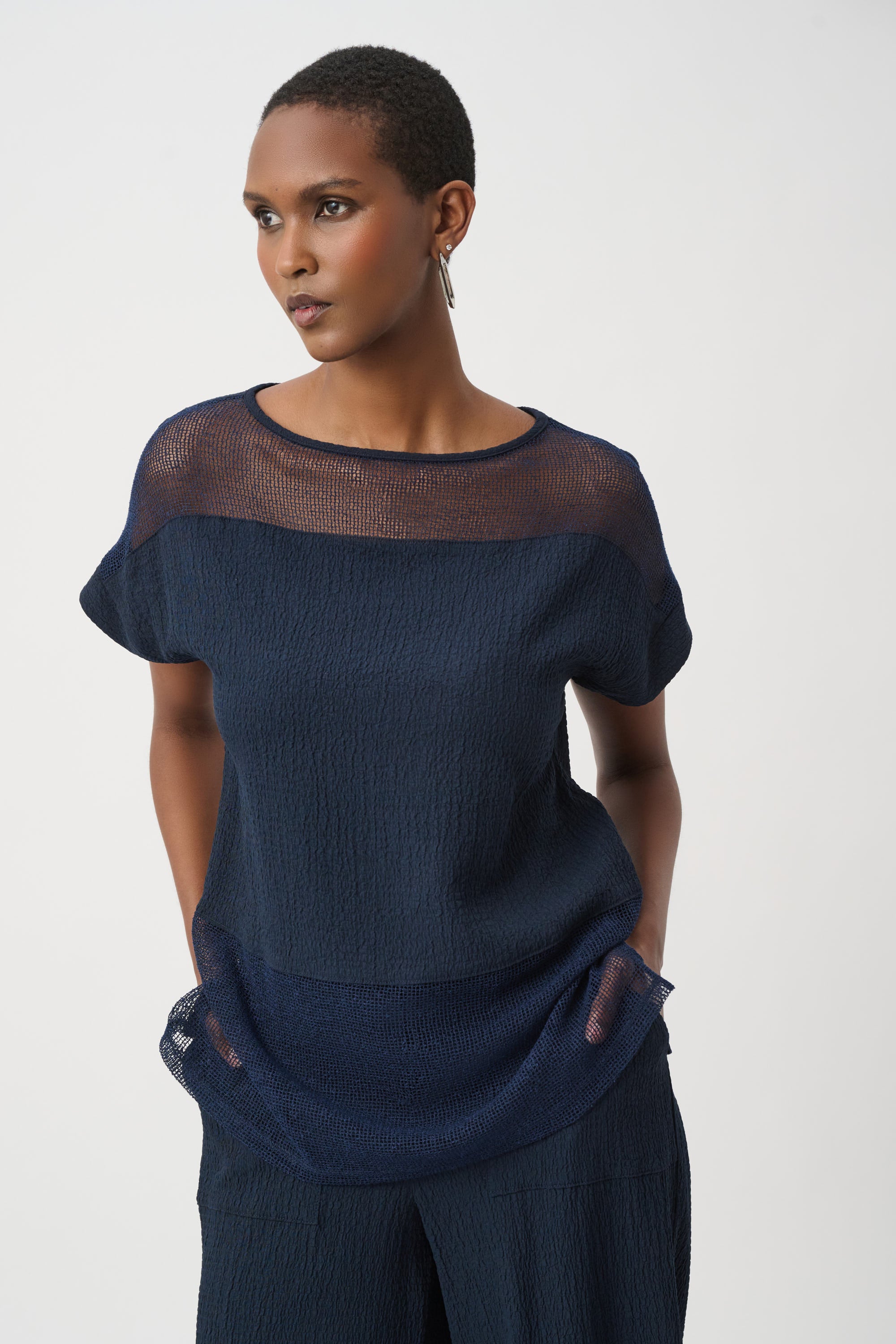 Seersucker and Mesh Boxy Top With Boat Neckline
