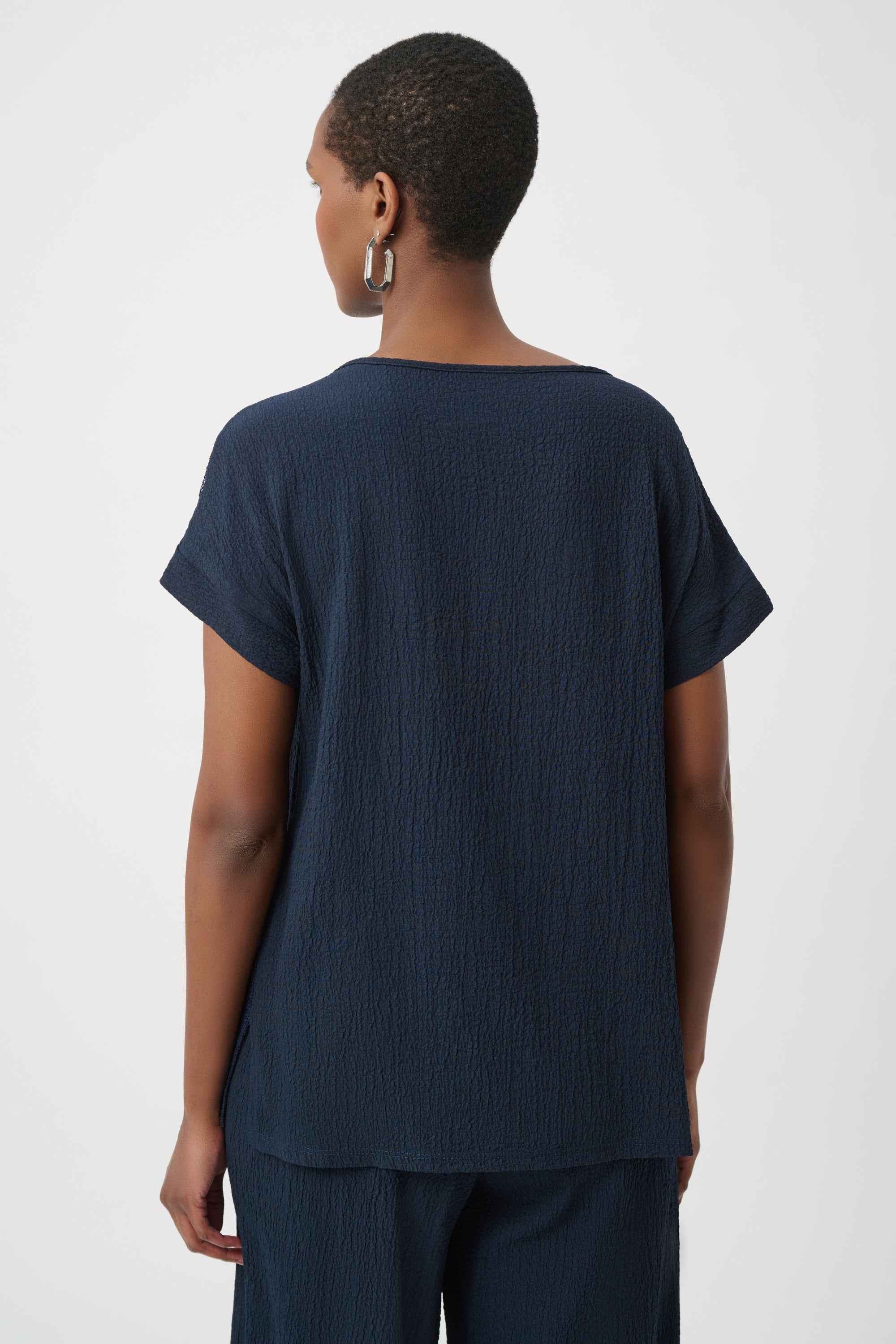 Seersucker and Mesh Boxy Top With Boat Neckline