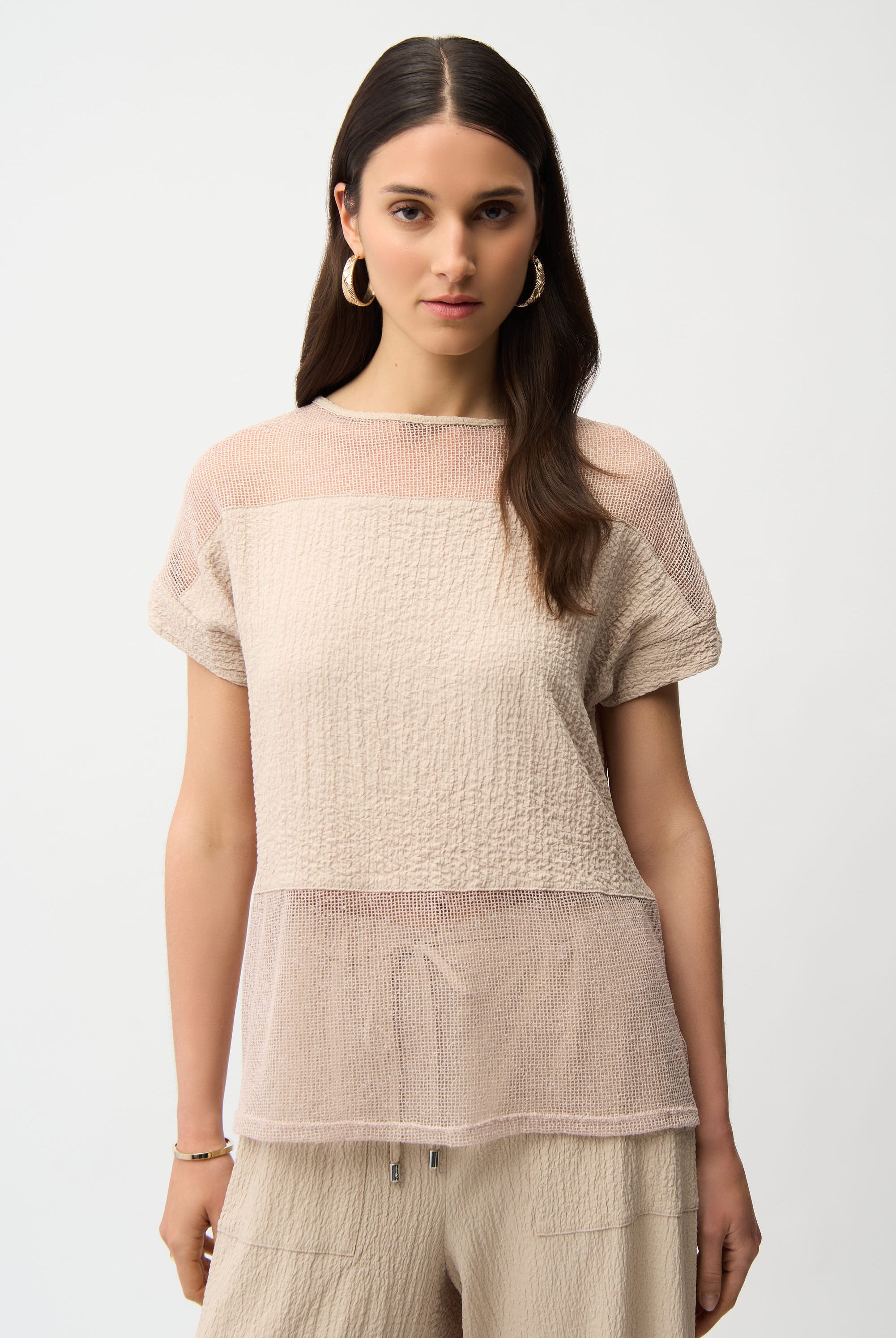 Seersucker and Mesh Boxy Top With Boat Neckline
