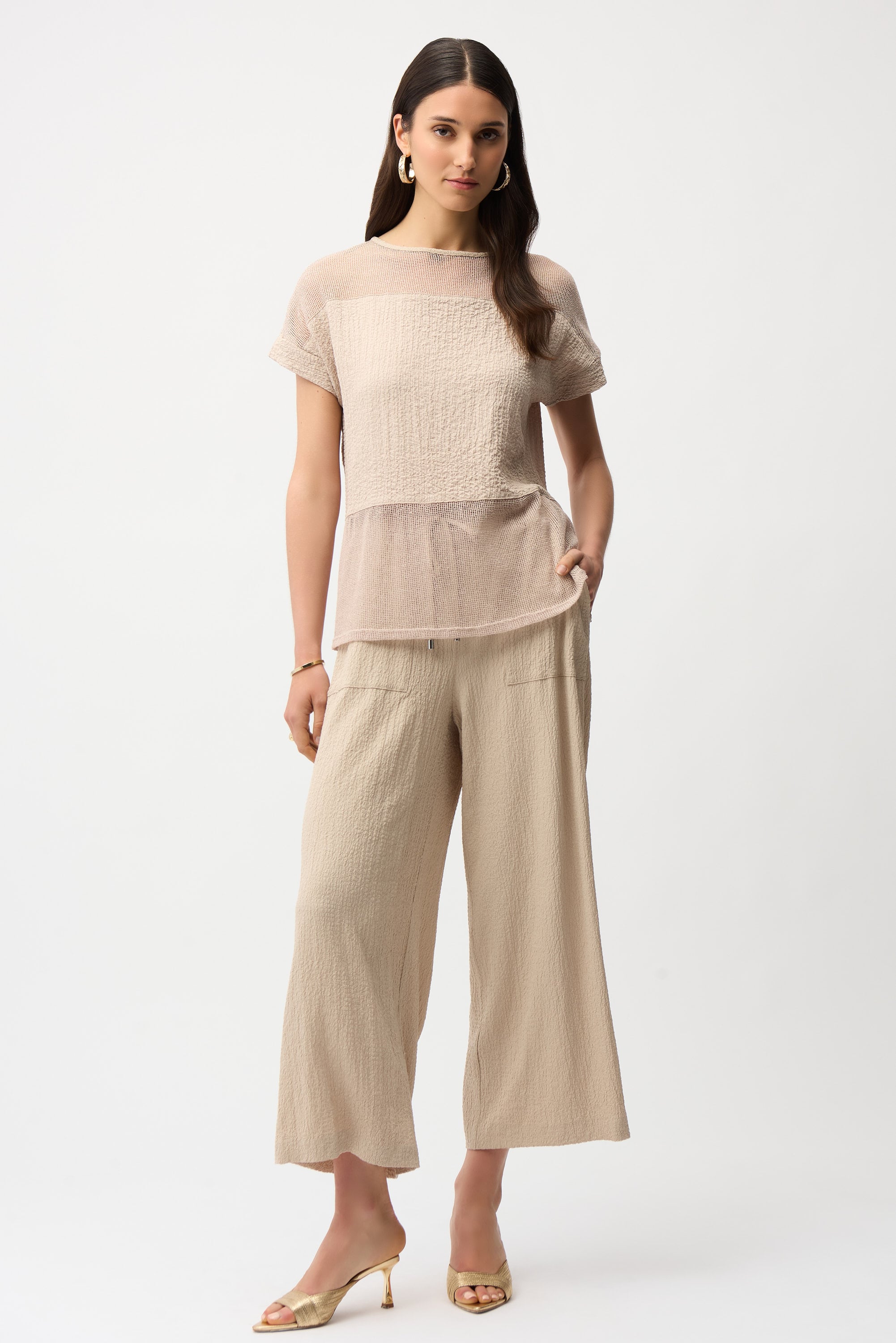 Seersucker and Mesh Boxy Top With Boat Neckline