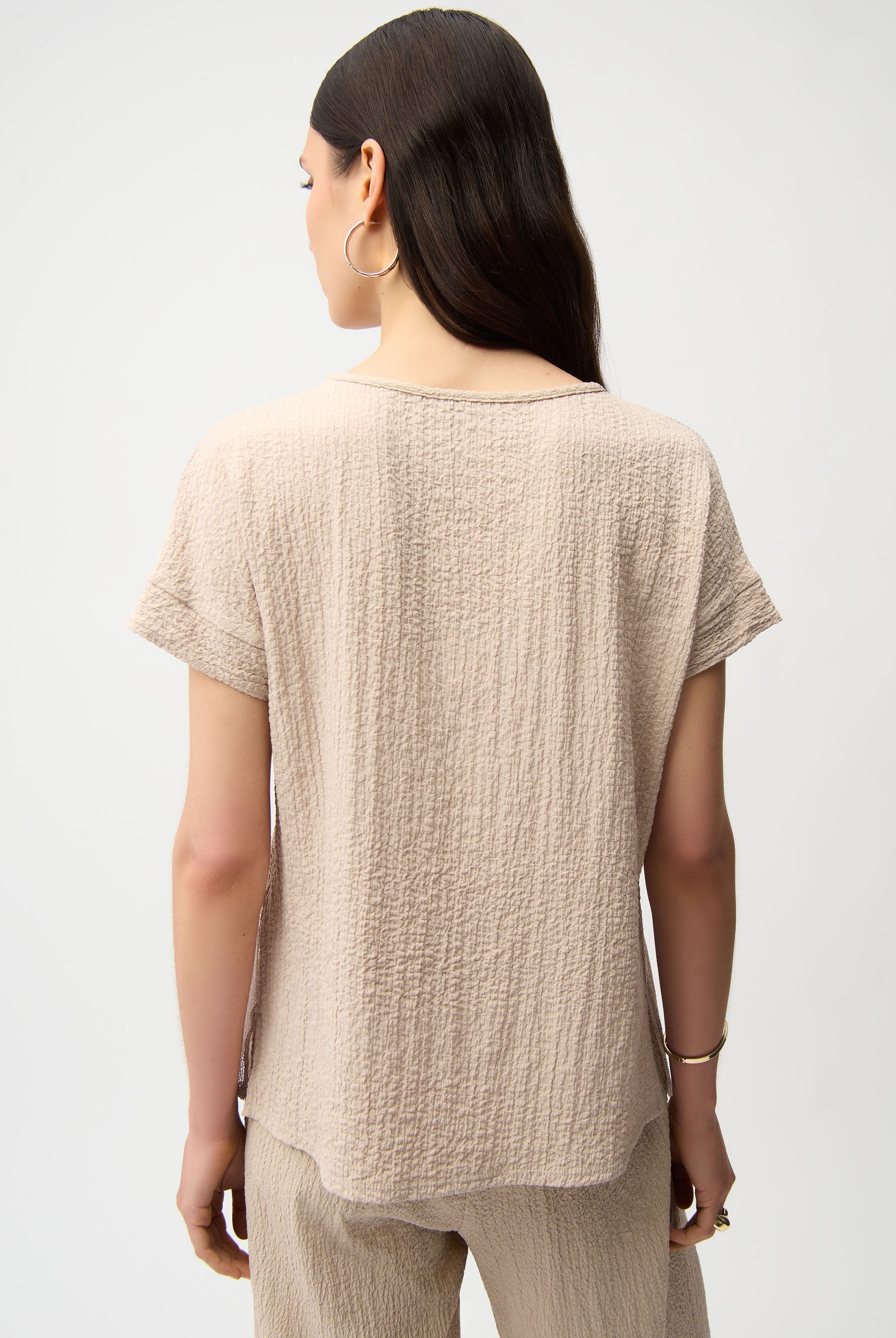 Seersucker and Mesh Boxy Top With Boat Neckline