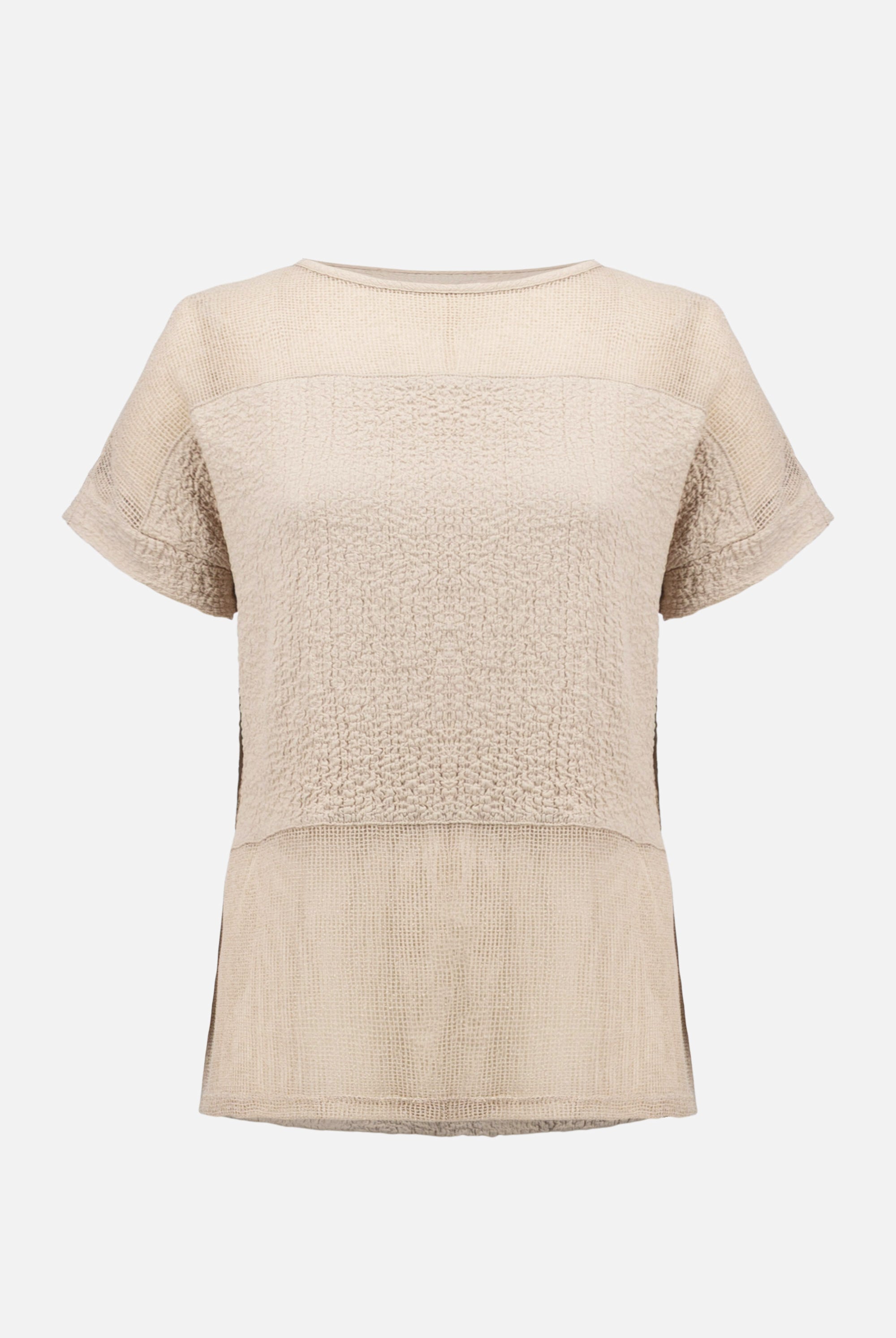 Seersucker and Mesh Boxy Top With Boat Neckline