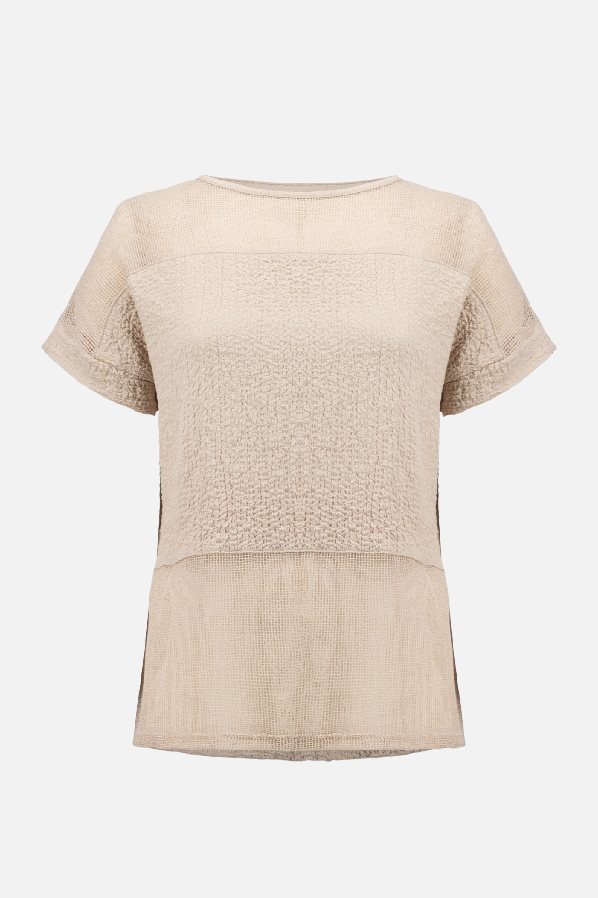 Seersucker and Mesh Boxy Top With Boat Neckline