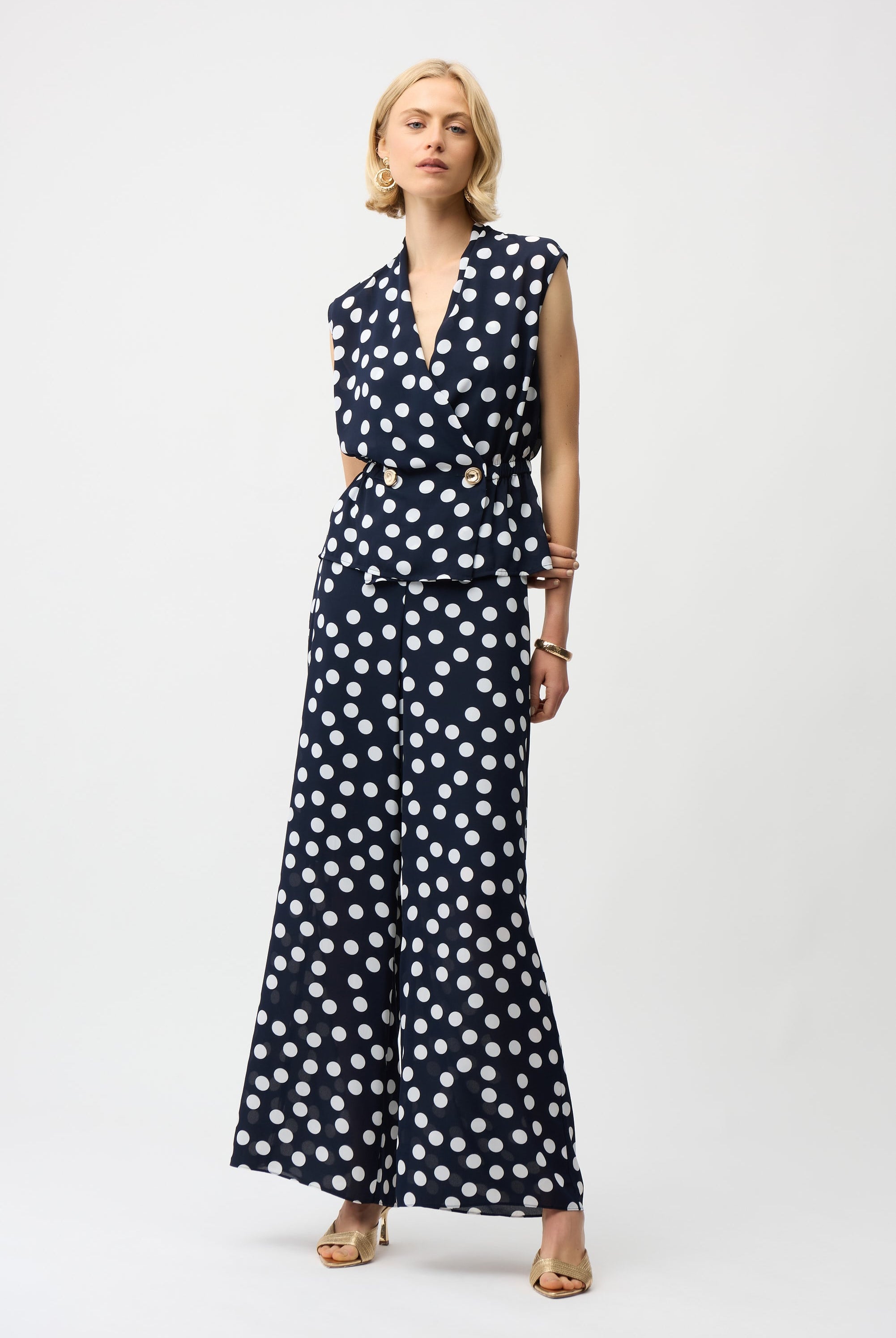 Georgette Dot Print Wrap Peplum Top With Gold Buttons
