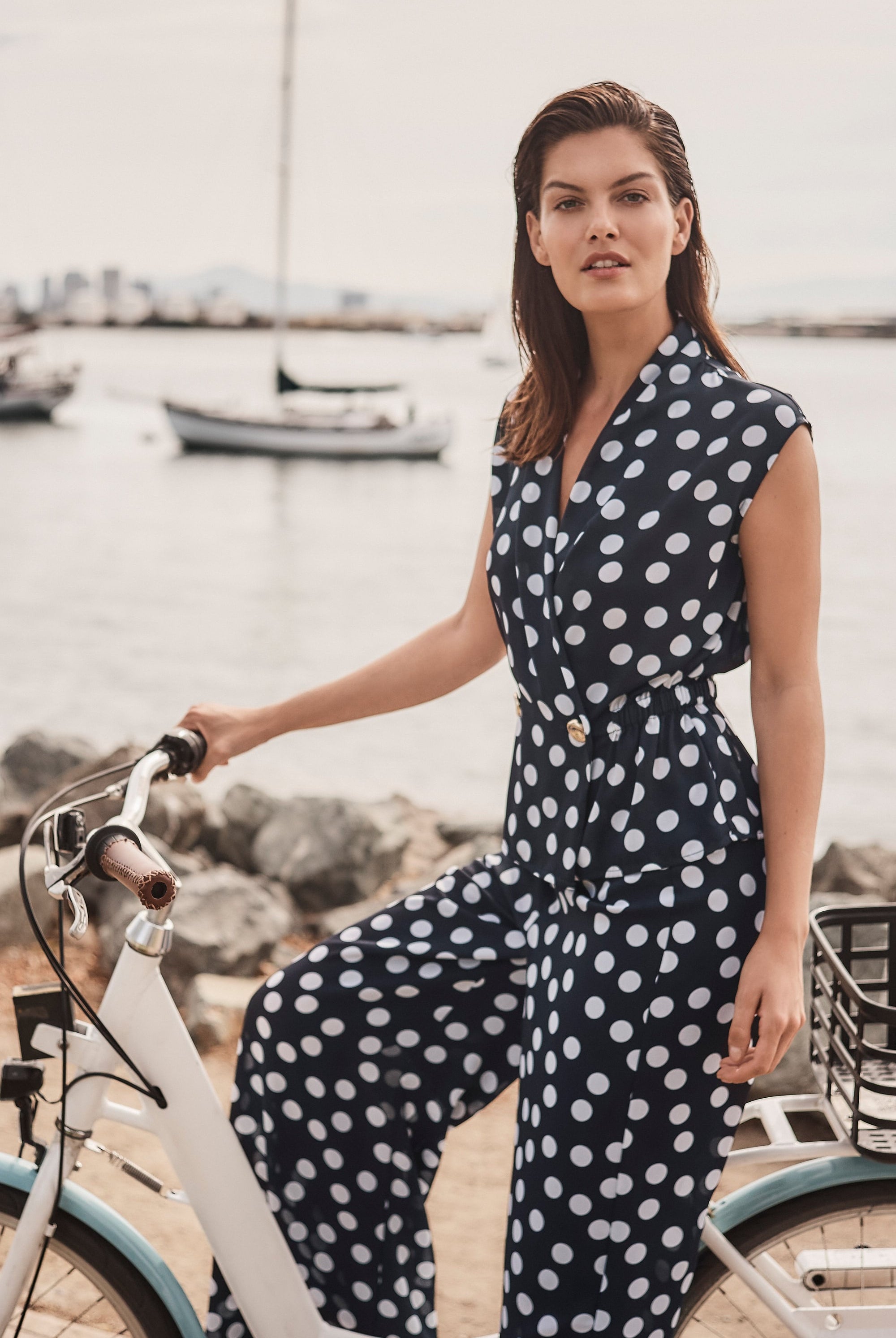 Georgette Dot Print Wrap Peplum Top With Gold Buttons