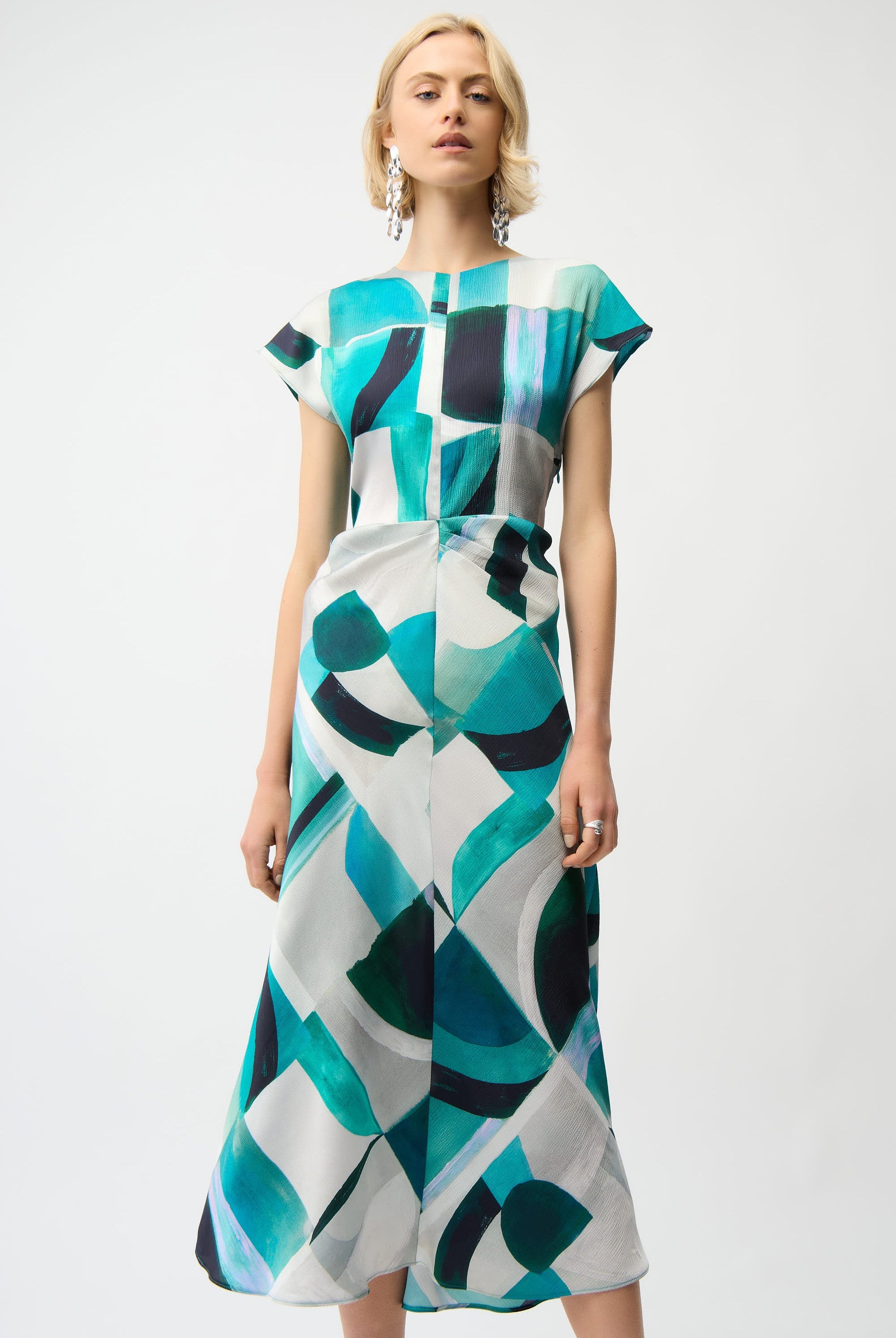 Textured Satin Geometric Print Fit and Flare Dress
