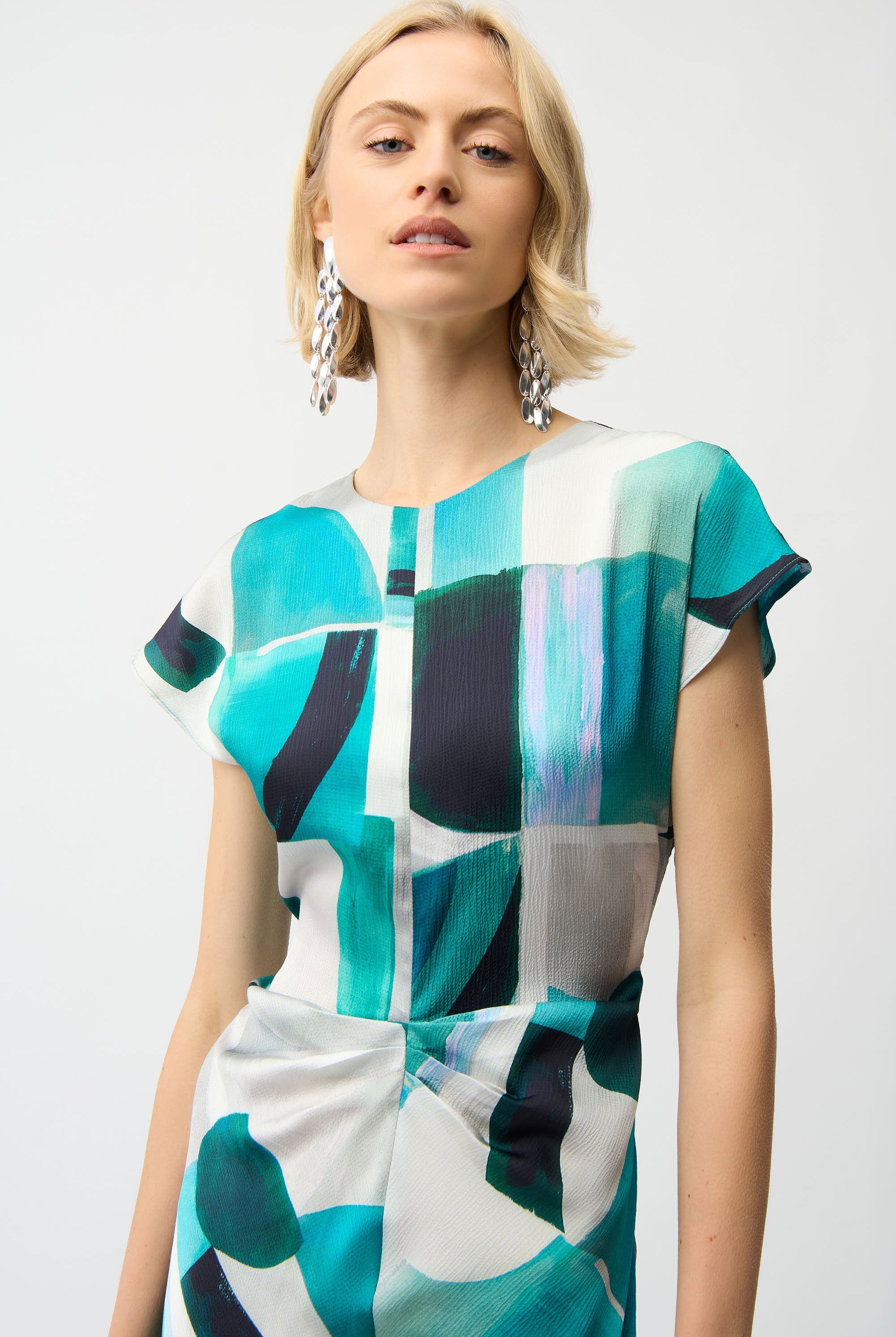 Textured Satin Geometric Print Fit and Flare Dress