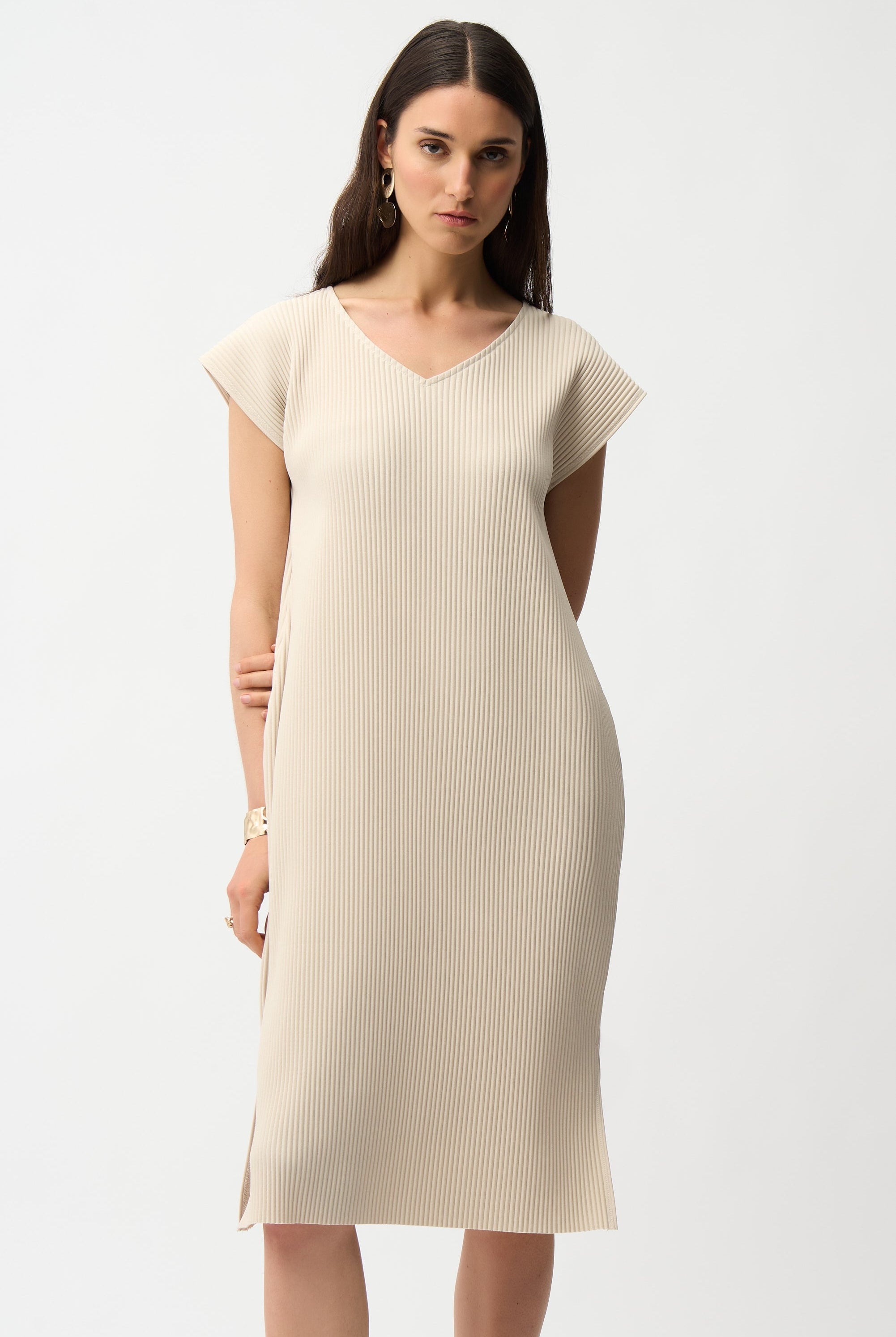 Pleated Scuba Crepe Straight Dress With Pockets