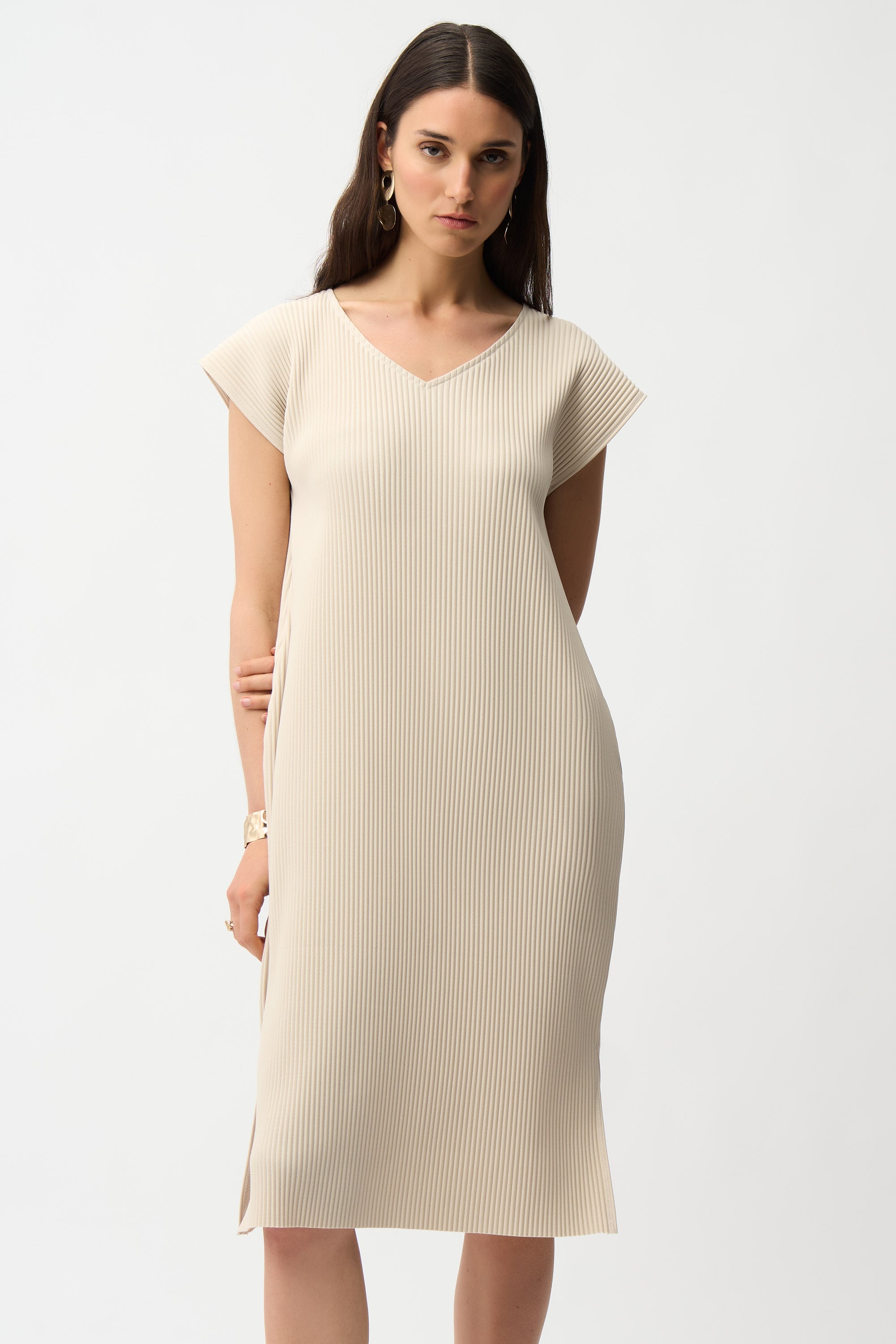Pleated Scuba Crepe Straight Dress With Pockets